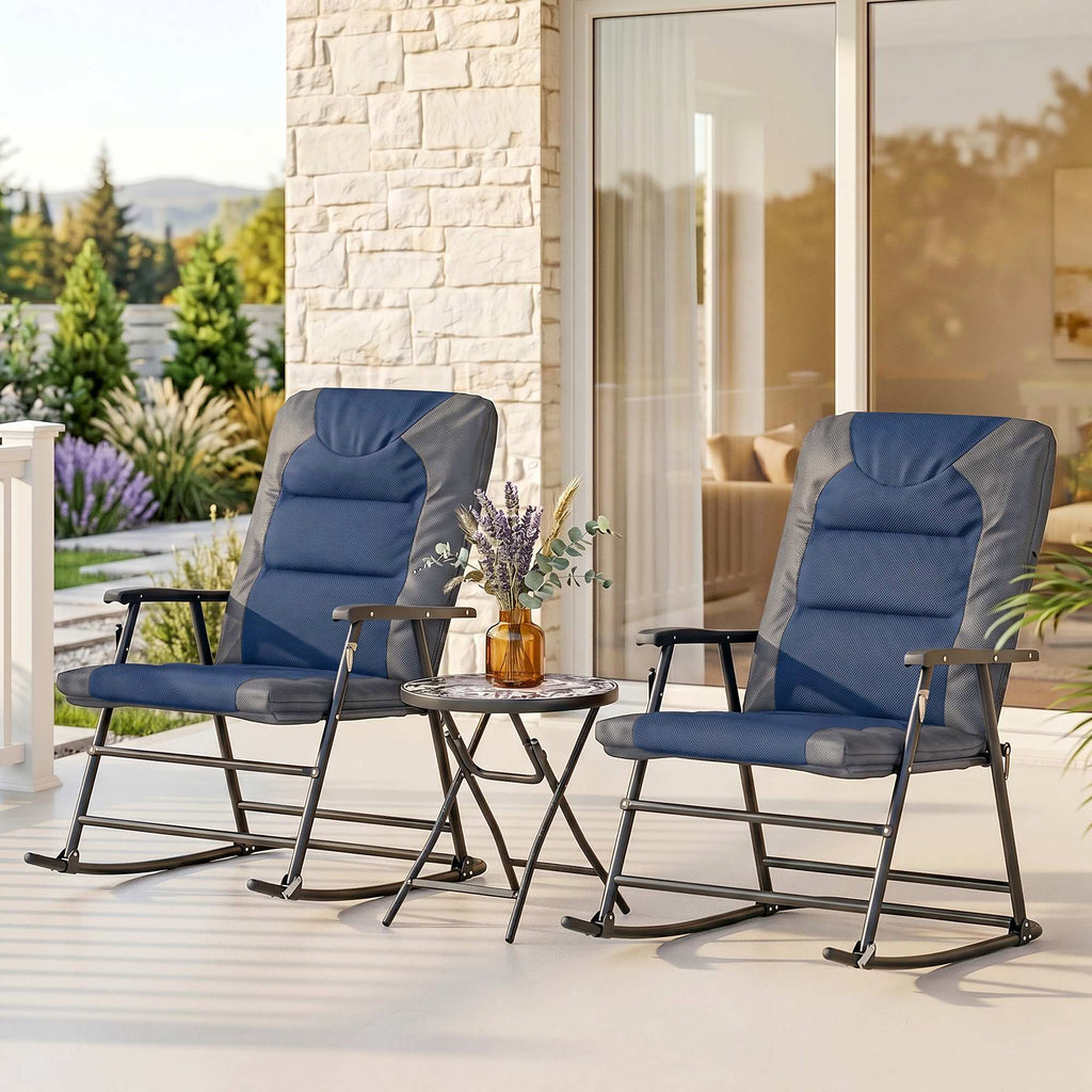 3pc Patio Foldable Rocking Chair Set, Outdoor Rocking Chairs and Table Bistro Set w/ Padded Seat, Headrest, Backrest for park, backyard, garden, Blue