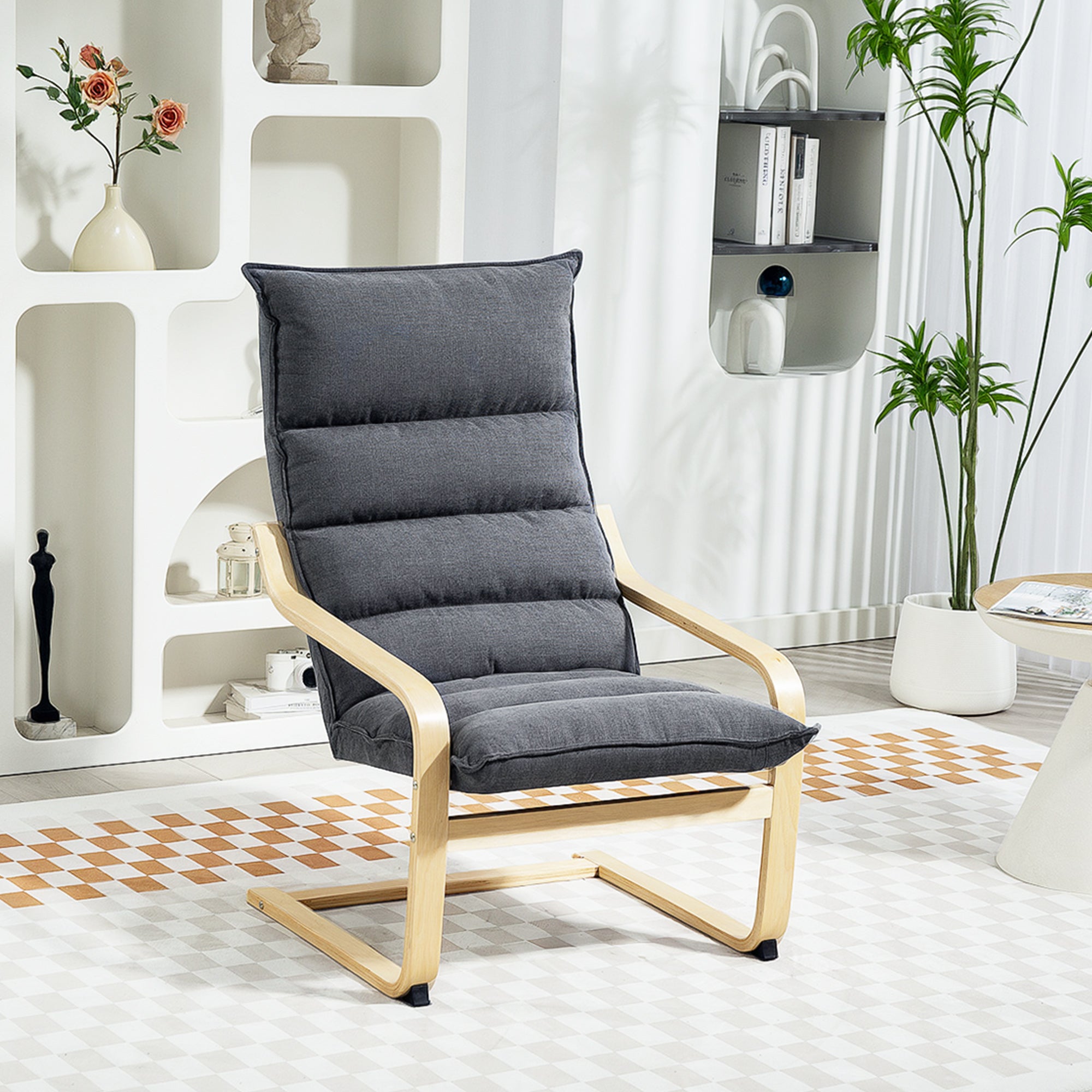 Birch Wood Fabric Modern Armchair, Accent Chair with Curved Leg and Arm for Living Room, Grey