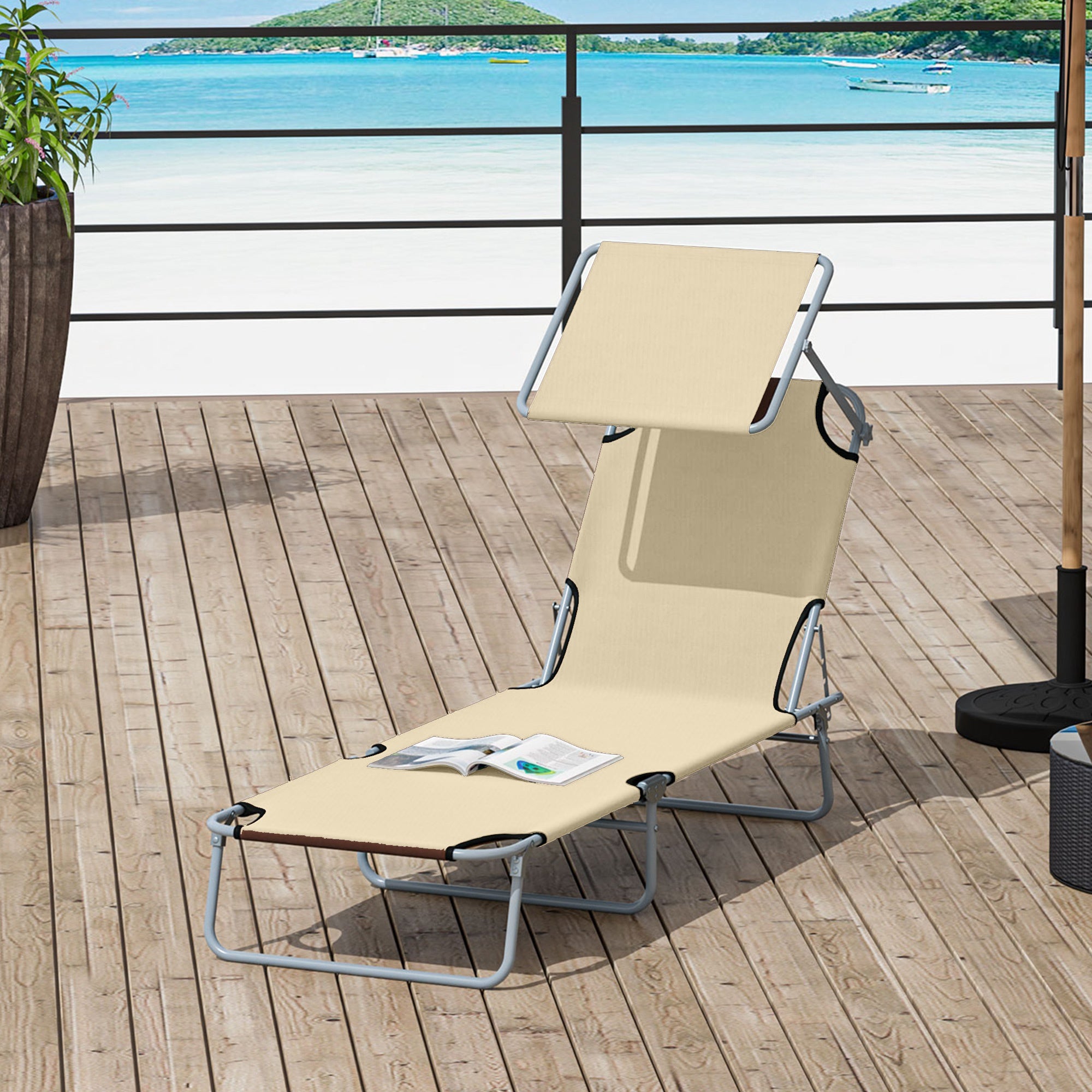 Outdoor Lounge Chair with Sun Shade for Beach, Camping, Hiking, Backyard, Beige