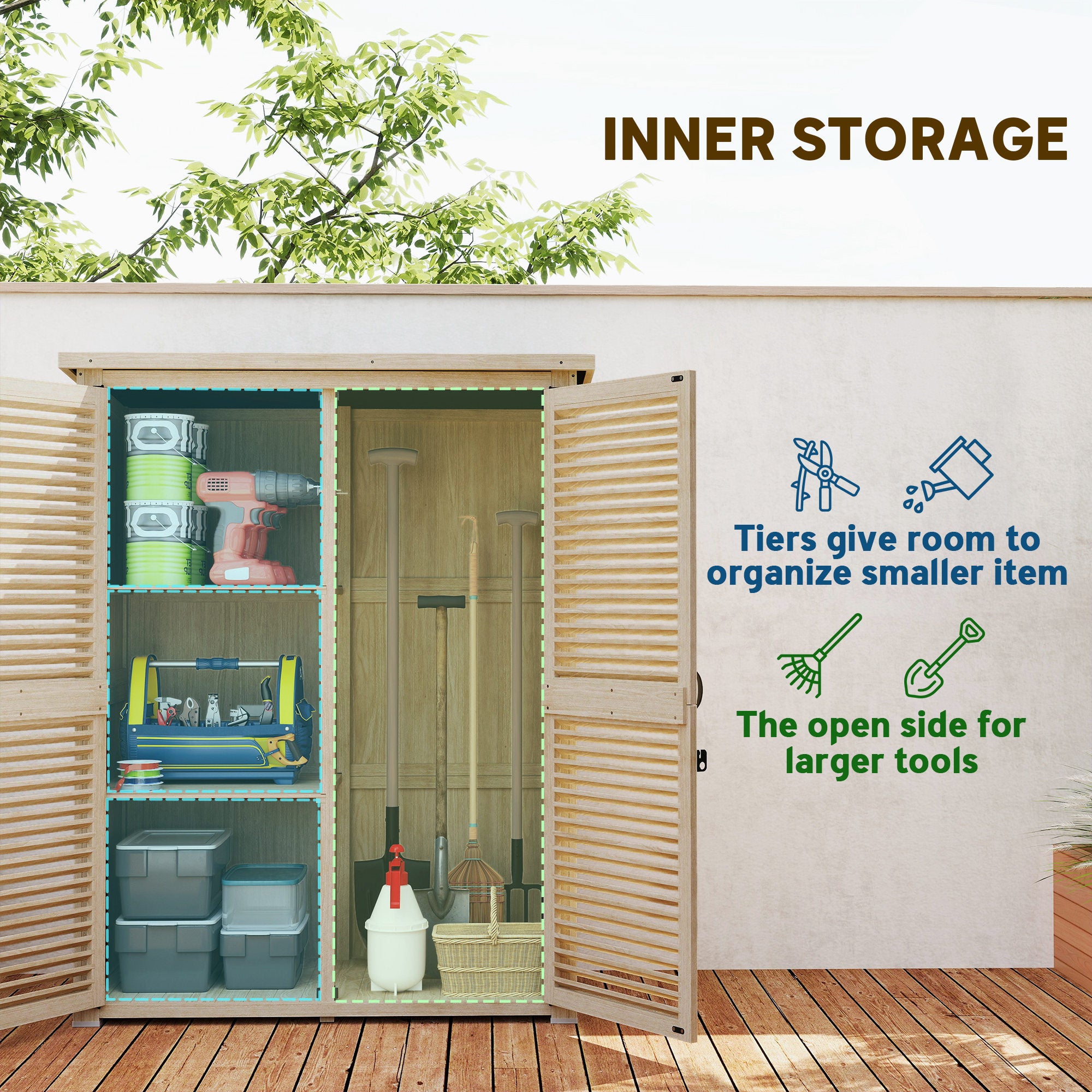 50" x 26" x 66" Wooden Garden Shed, Outdoor Storage Shed with Waterproof Asphalt Roof, Shelves, Natural
