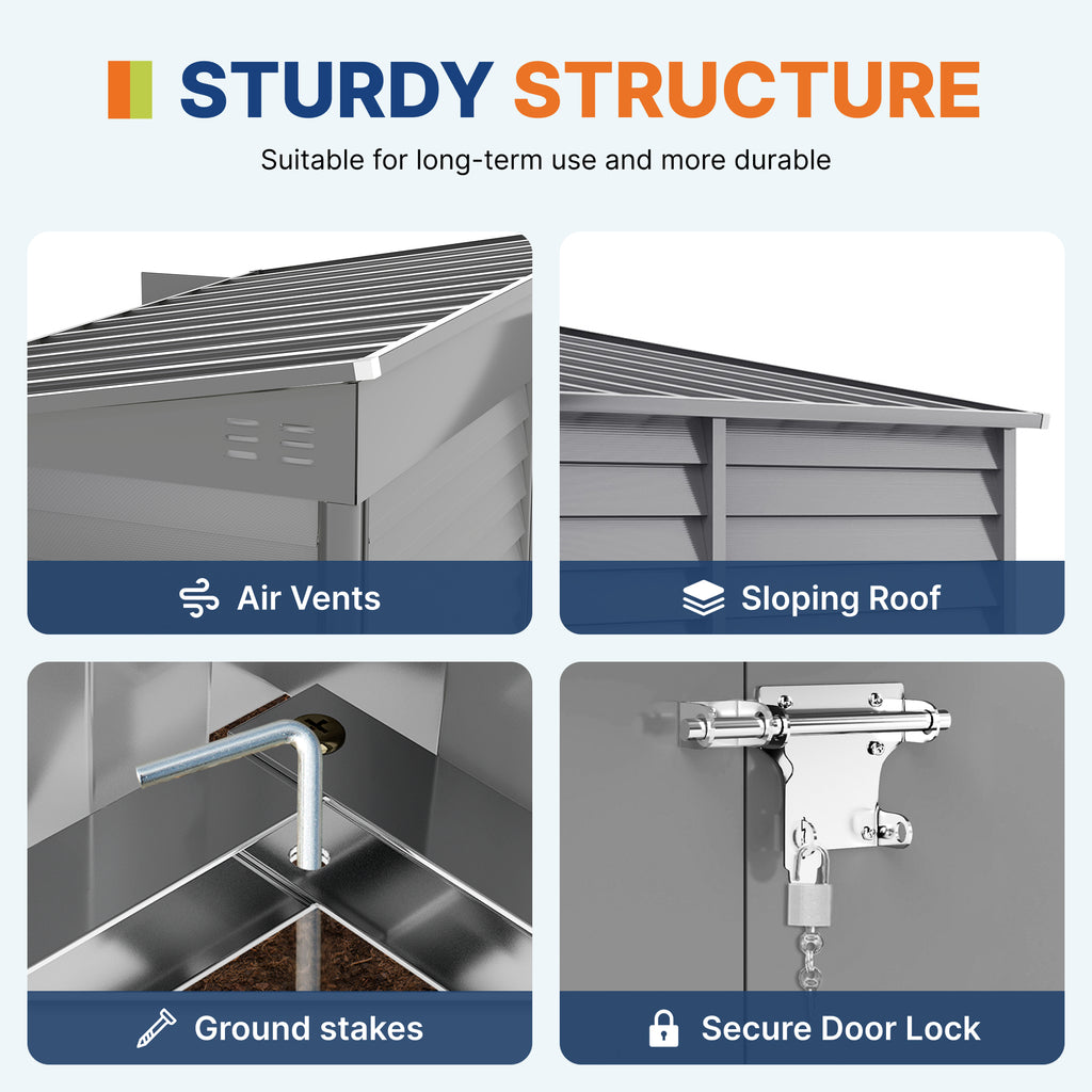 4.6' x 9' Steel Outdoor Storage Shed, Lean to Shed, Metal Tool House with Foundation Kit, Lockable Doors, Gloves and 2 Air Vents for Backyard, Patio, Lawn, Grey