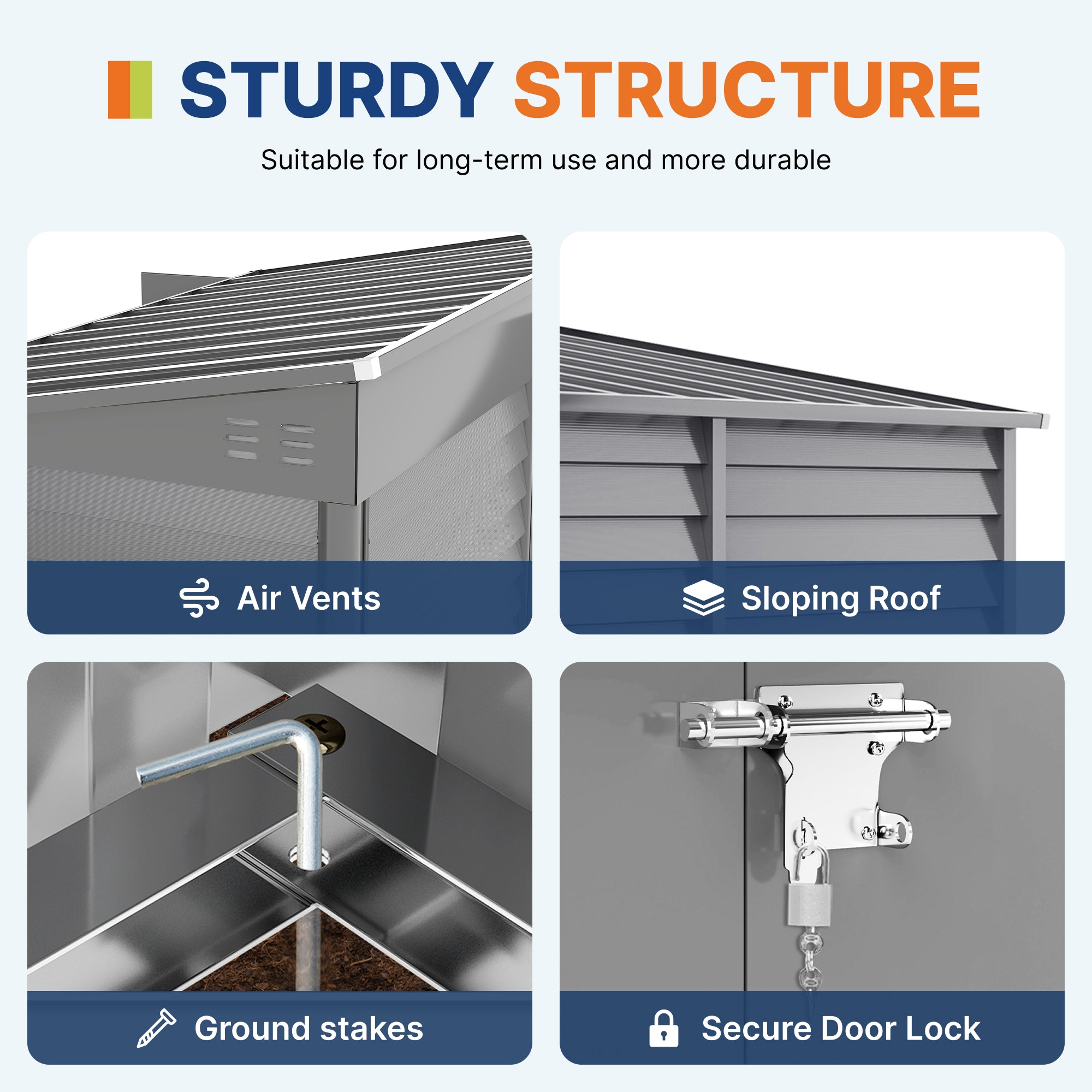 4.6' x 9' Steel Outdoor Storage Shed, Lean to Shed, Metal Tool House with Foundation Kit, Lockable Doors, Gloves and 2 Air Vents for Backyard, Patio, Lawn, Grey
