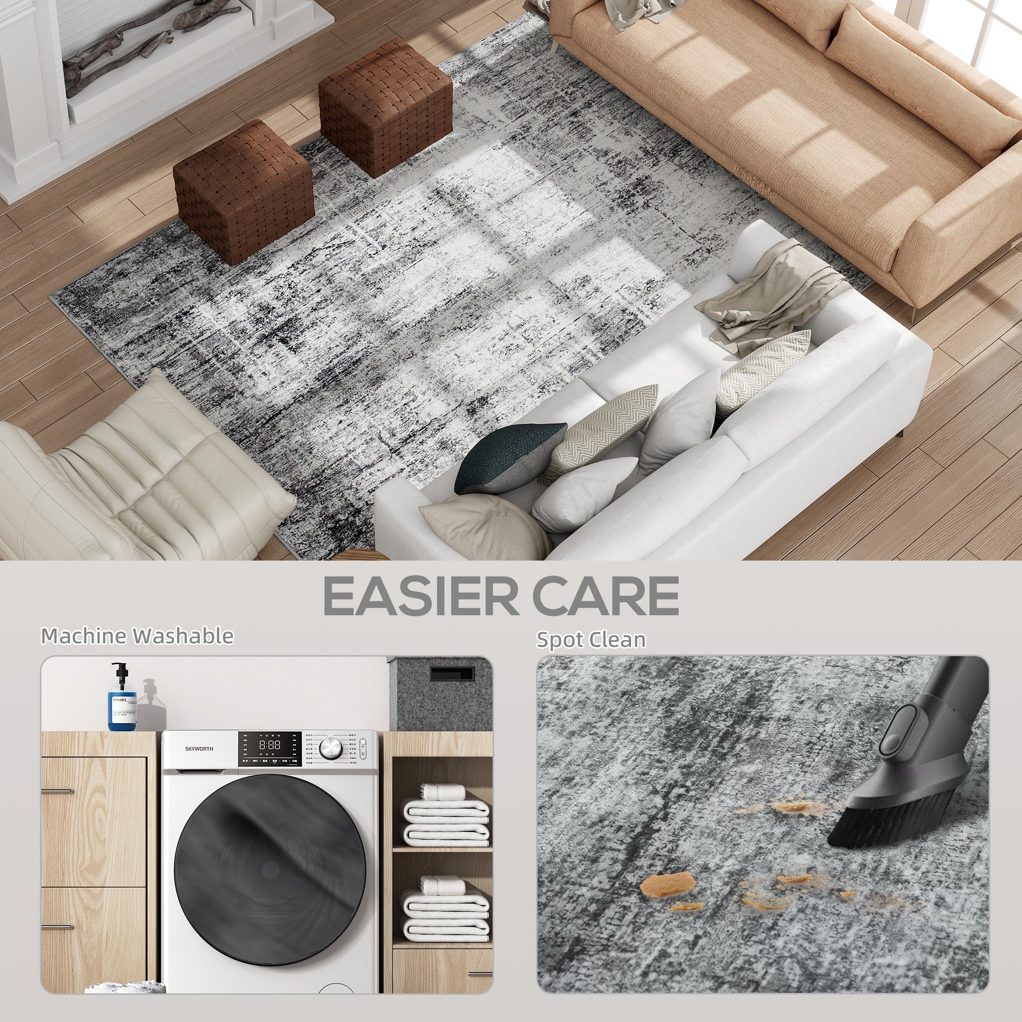 Area Rug for Living Room 8x10, Modern Abstract Machine Washable Rug, Non-Slip Carpet for Bedroom, Dining Room, Grey