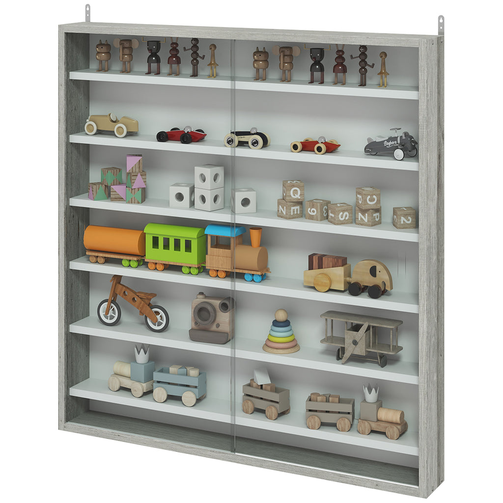7-Tier Display Cabinet, Shot Glass Display Case, Glass Curio Cabinet with 2 Glass Doors and 6 Adjustable Shelves, Grey