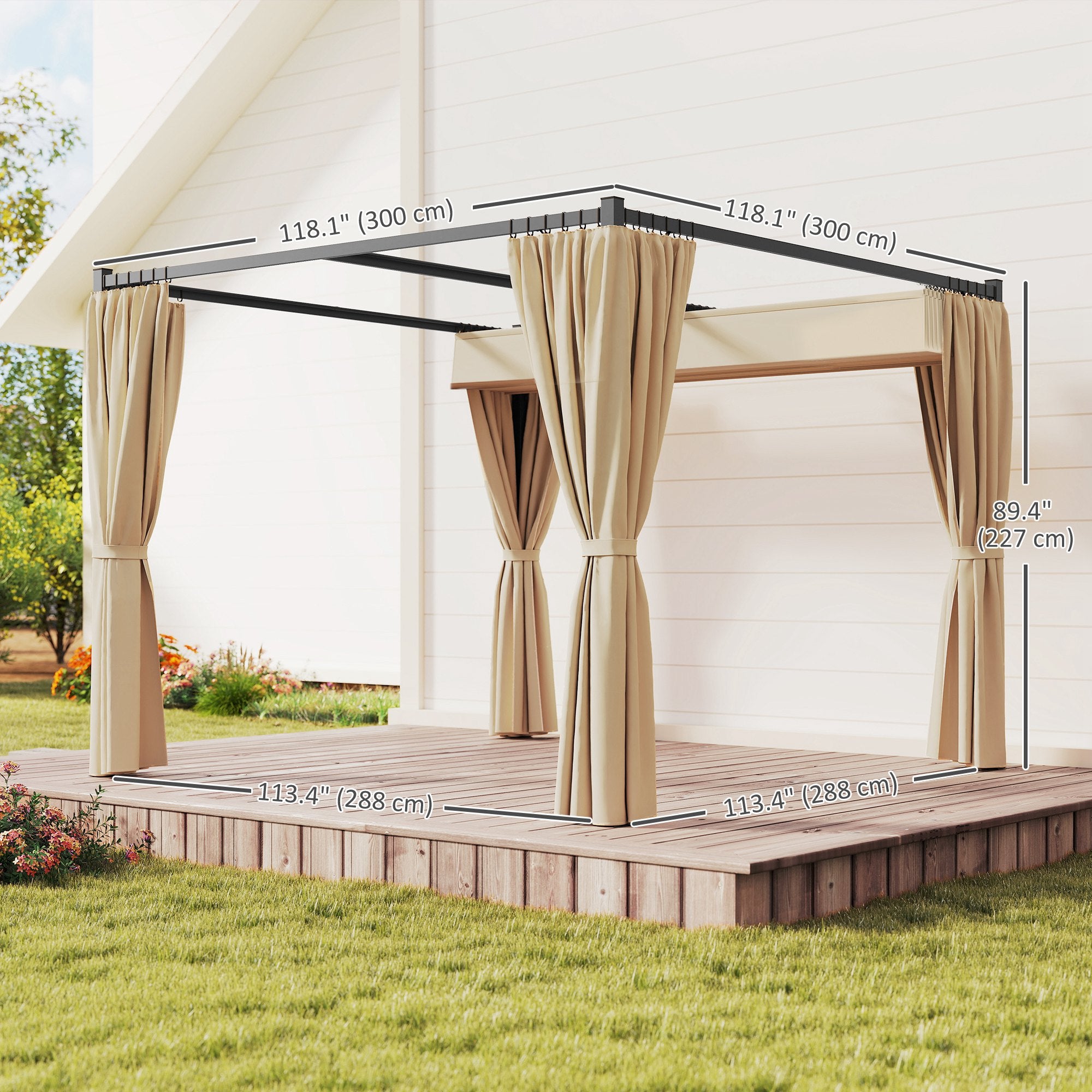 10' x 10' Retractable Pergola Canopy with Sidewalls, Metal Outdoor Gazebo Sun Shade Shelter, Beige