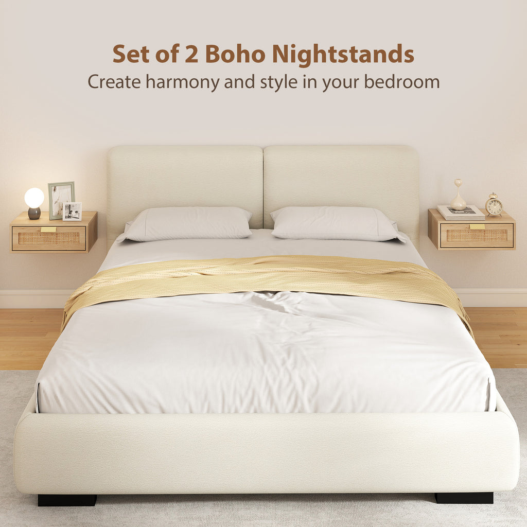 Floating Bedside Tables Set of 2, Wall Mounted Nightstands with Rattan Drawer and Wood Effect, Oak