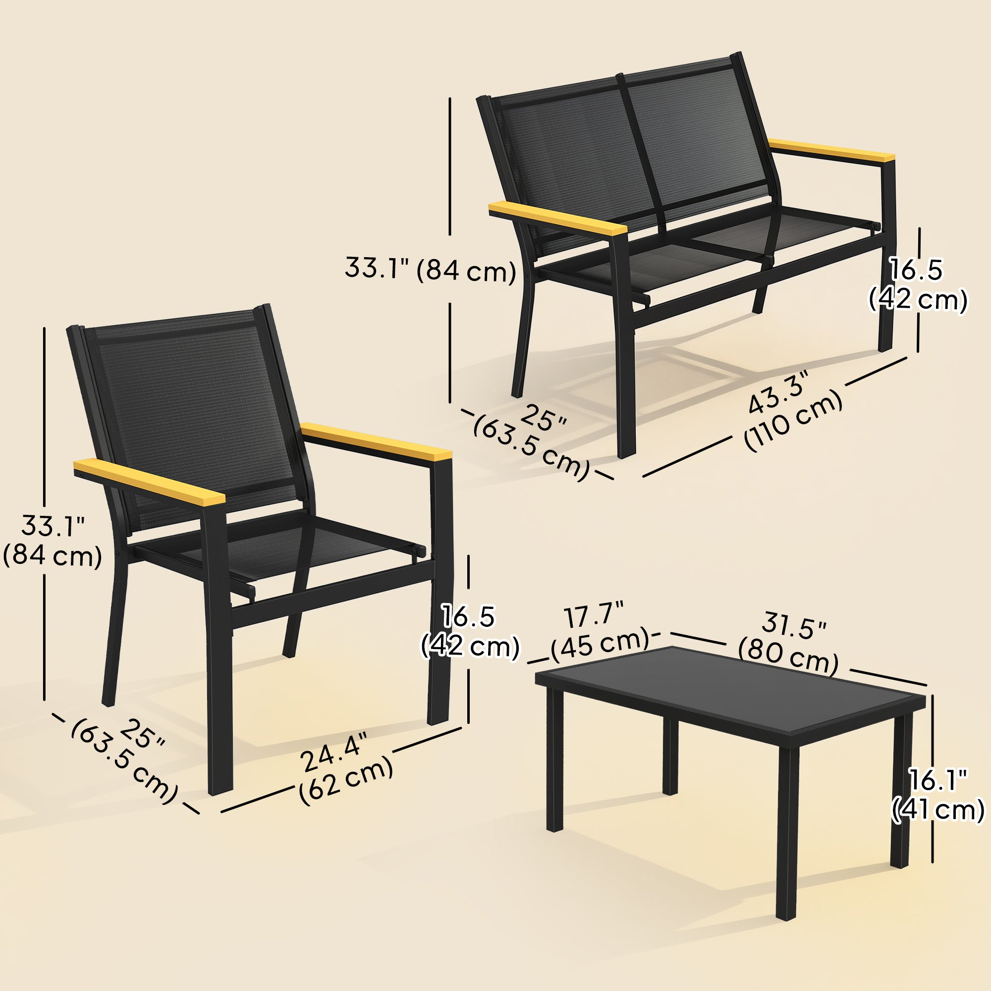 Outdoor 4 Piece Set Patio Furniture with Sofa, Tempered Glass Tabletop for Garden Backyard Porch, Black