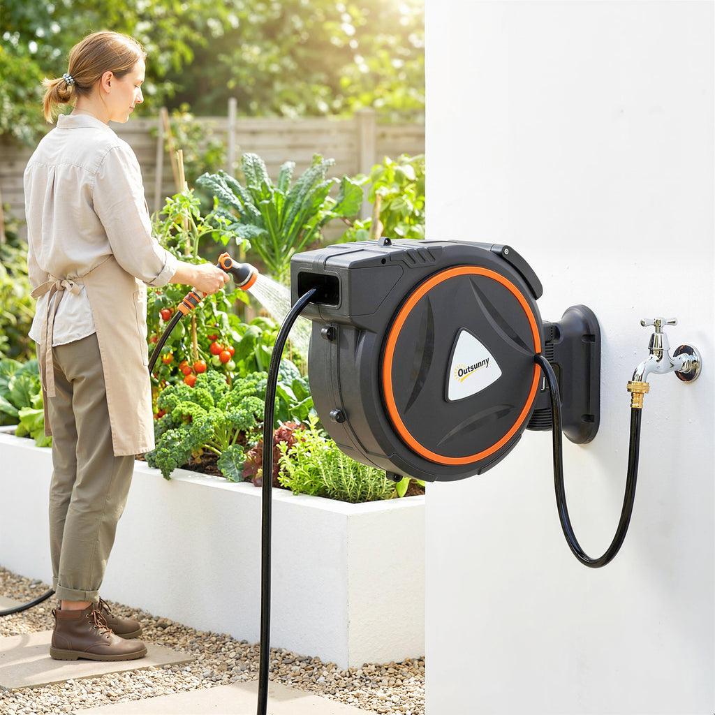 Retractable Garden Hose Reel, 1/2" x 59ft Wall Mounted Hose Reel with 12-Pattern Nozzles, Auto Retraction, Self-Locking