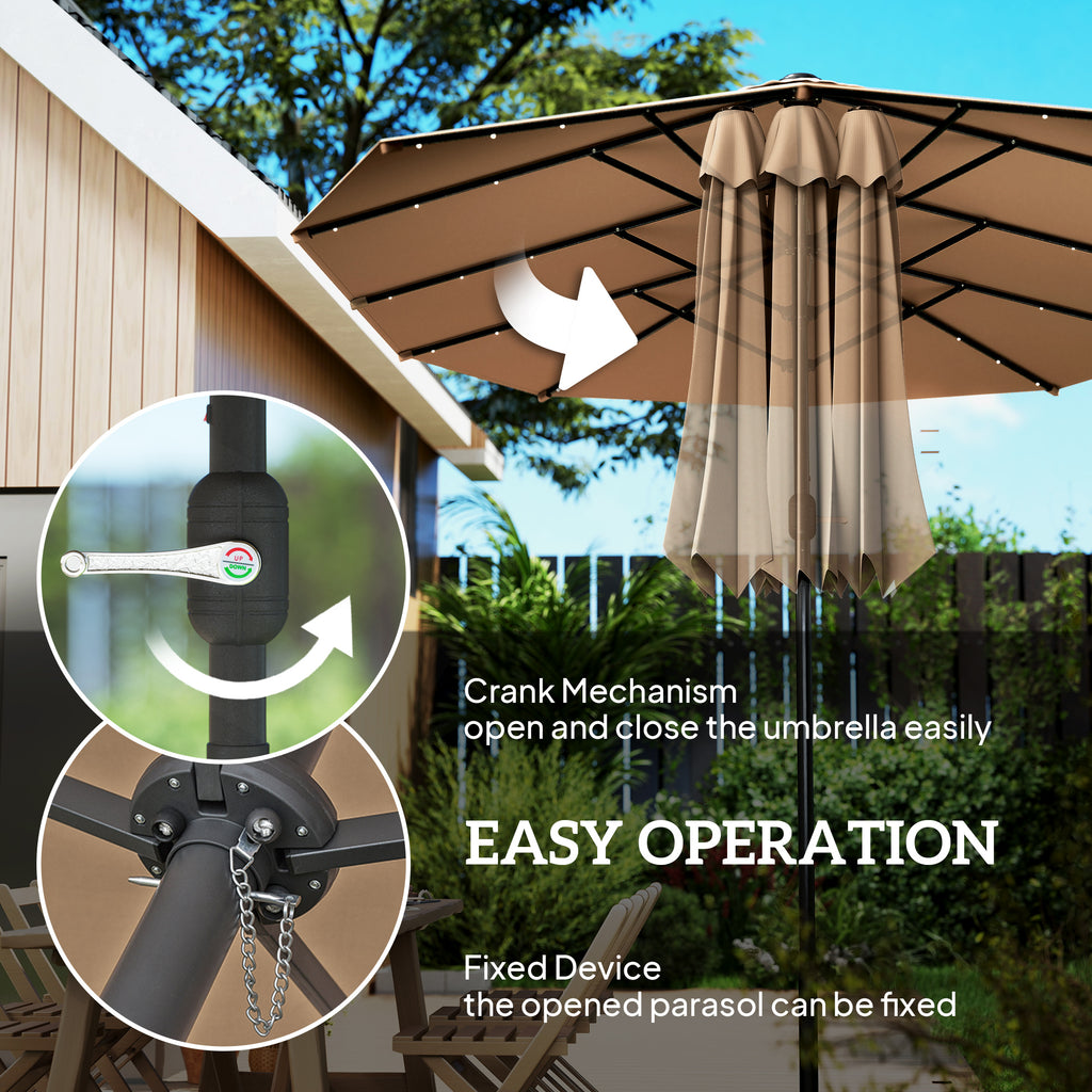 174" Double-Sided Sun Umbrella Garden Parasol Patio Sun Shade Outdoor with LED Solar Light, Khaki