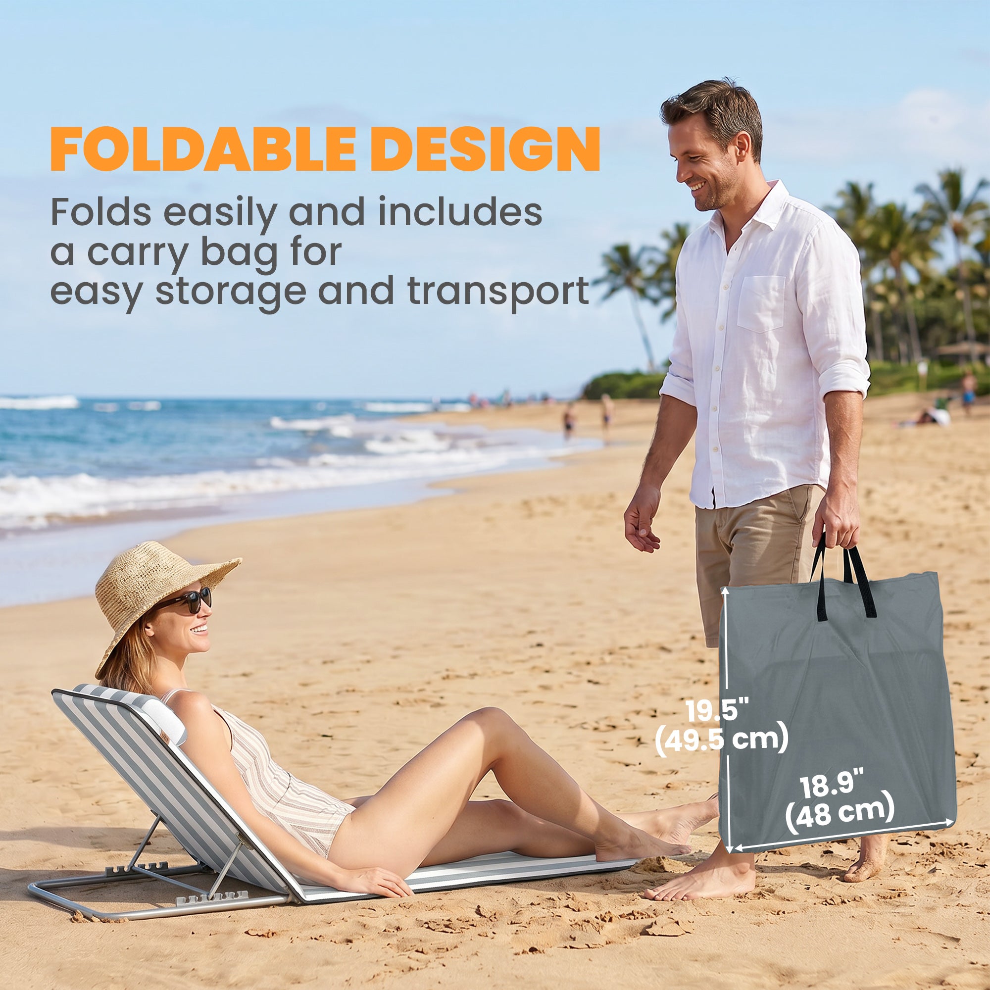 2 Pieces Beach Lounge Chair, Outdoor Folding Chaise Lounge Set w/ Pillow for Sunbath, Snap, Light Grey and White