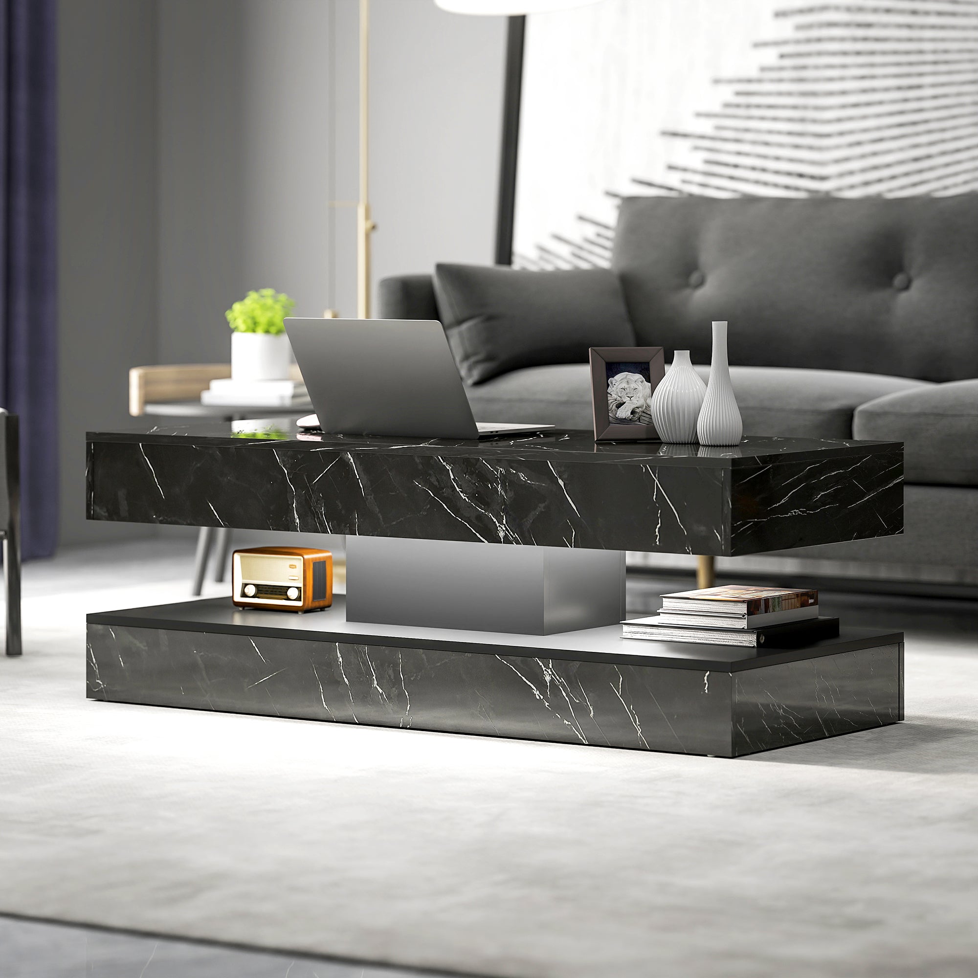 Coffee Table with Adjustable LED Lights, Center Table with 2 Drawers, Open Shelf, Remote, High Gloss Marble-Effect Black