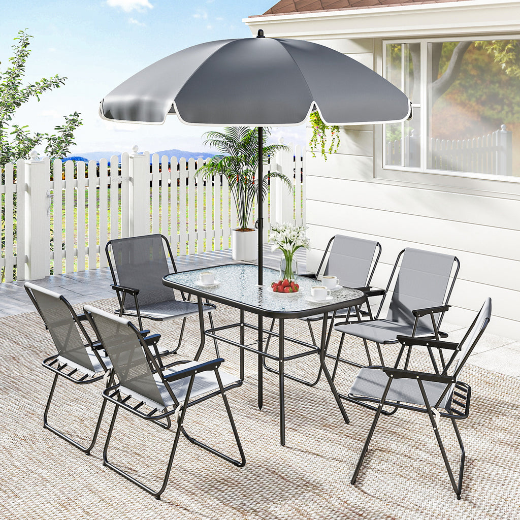 8 Piece Patio Table and Chairs Set with Folding Chairs, Tempered Glass Tabletop and Umbrella for Garden, Grey