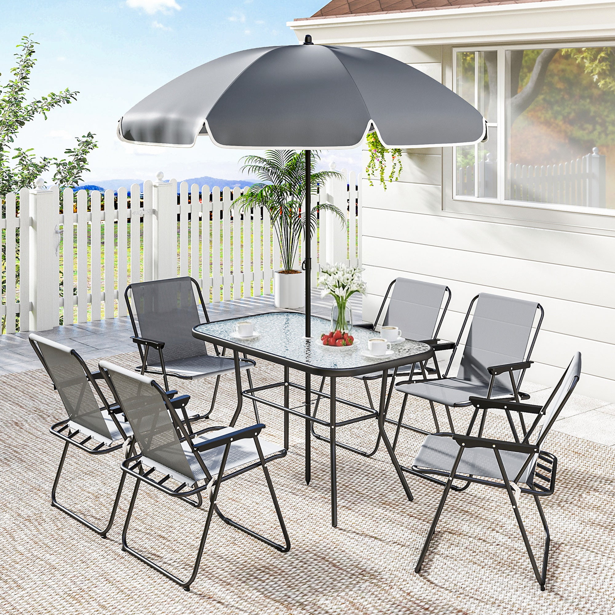 8 Piece Patio Table and Chairs Set with Folding Chairs, Tempered Glass Tabletop and Umbrella for Garden, Grey