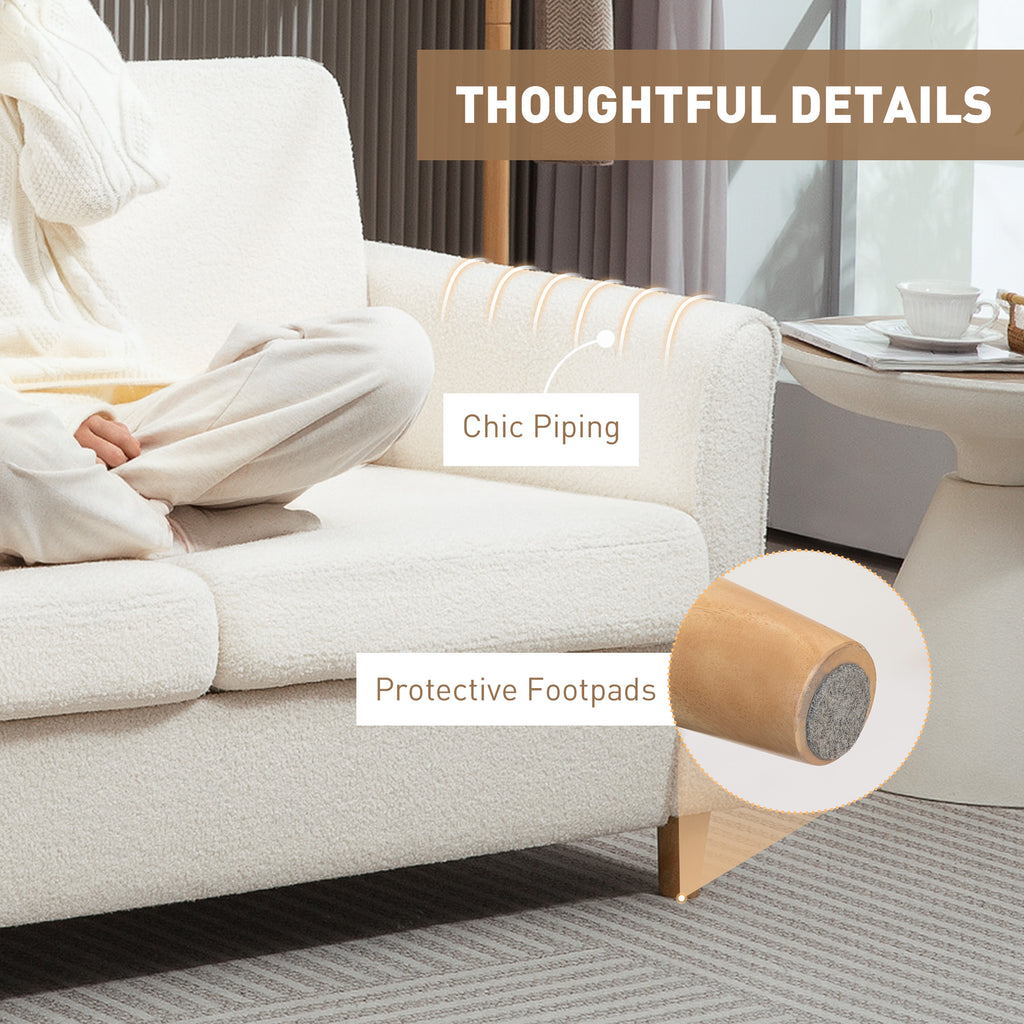 2-Seat Sofa Two-Seater Couch with Armrests and Wood Legs for Living Room, Bedroom, Cream White