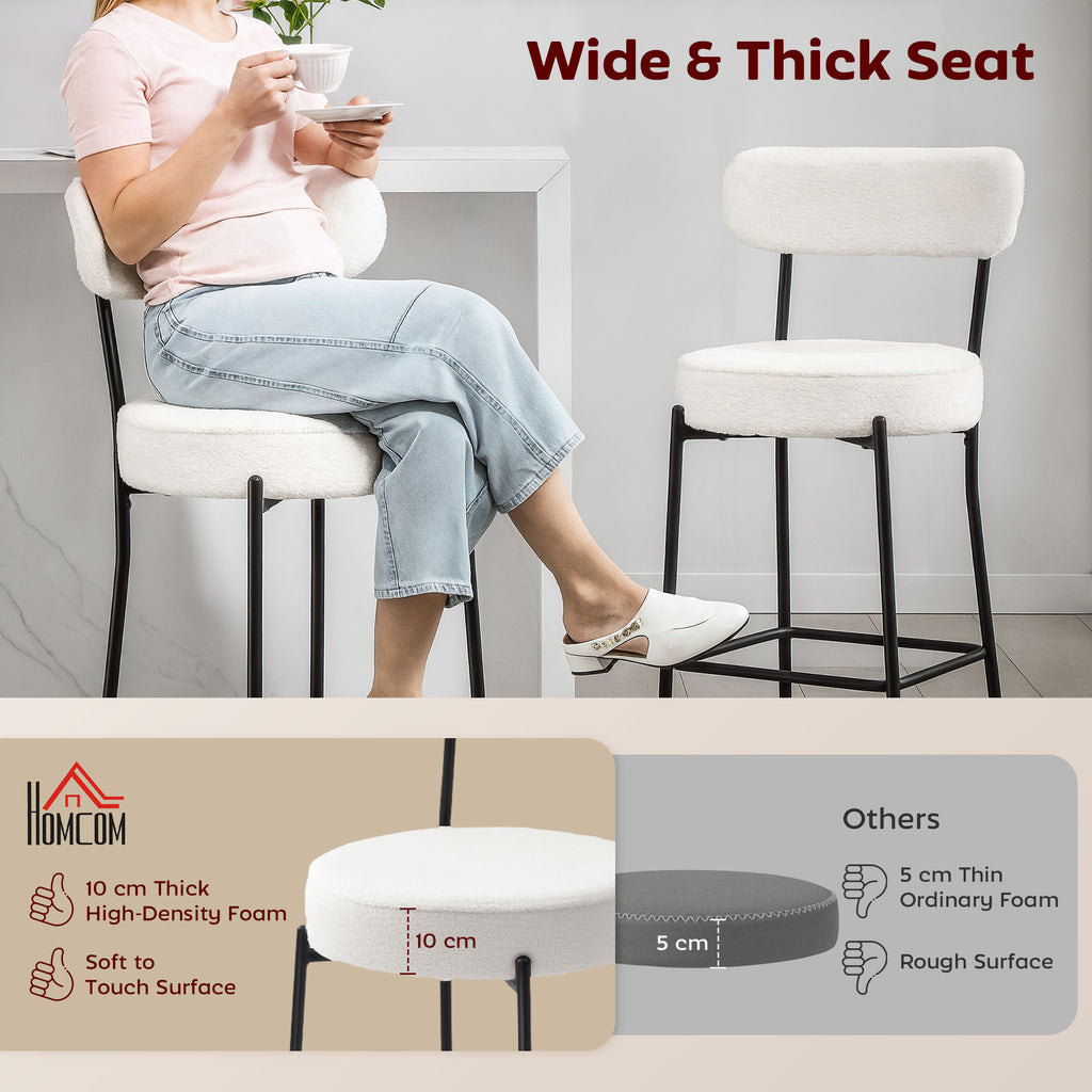 Set of 2 Barstools, Upholstered Bar Stools with Backrest, Footrest for Kitchen Island, Dining Room, Cream White