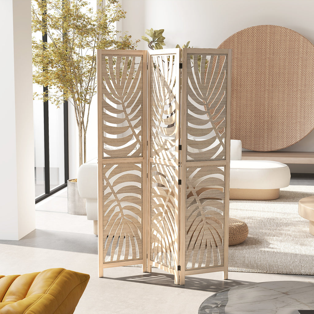 3 Panel Room Divider, Detachable Folding Privacy Screens with Palm Leaf Design for Home Office, Natural Wood Finish