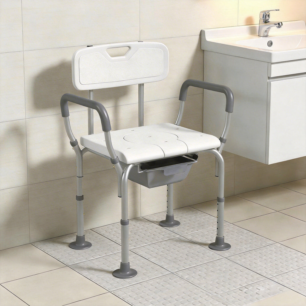 3-in-1 Shower Chair with Back, Adjustable Bedside Commode, Raised Toilet Seat w/ Rubber Foot Pad for Seniors, Disabled