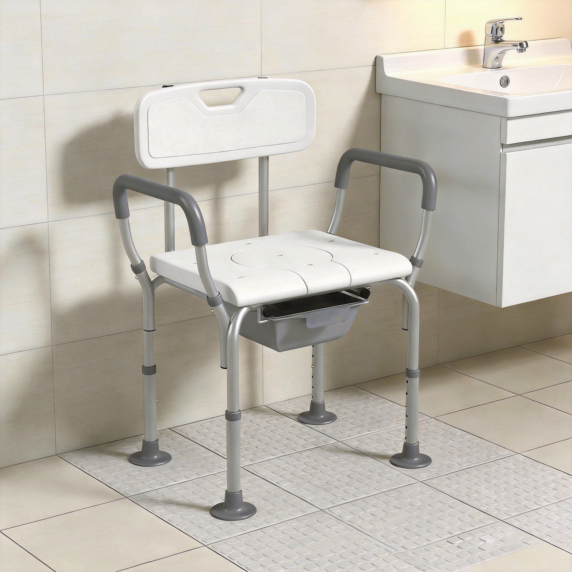 3-in-1 Shower Chair with Back, Adjustable Bedside Commode, Raised Toilet Seat w/ Rubber Foot Pad for Seniors, Disabled