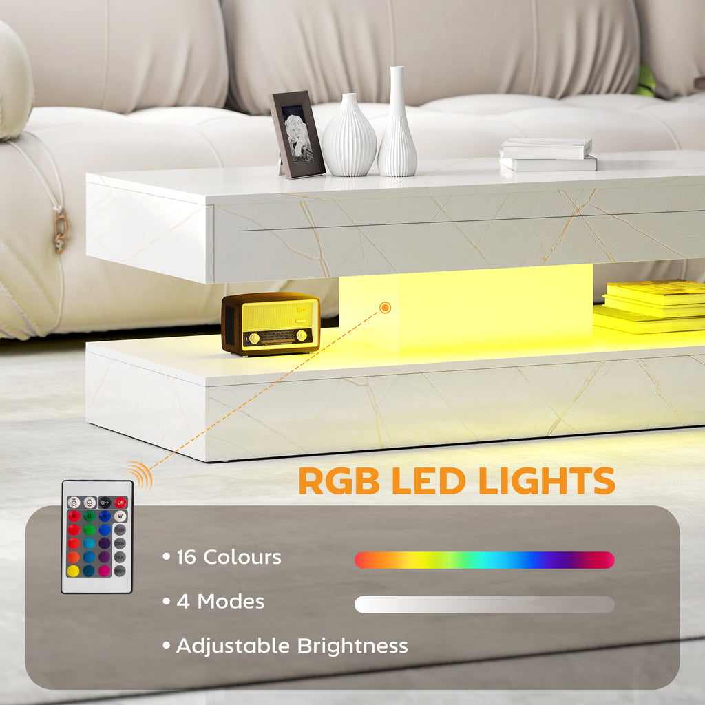 Coffee Table with Adjustable LED Lights, Center Table with 2 Drawers, Open Shelf, Remote, High Gloss Marble-Effect White
