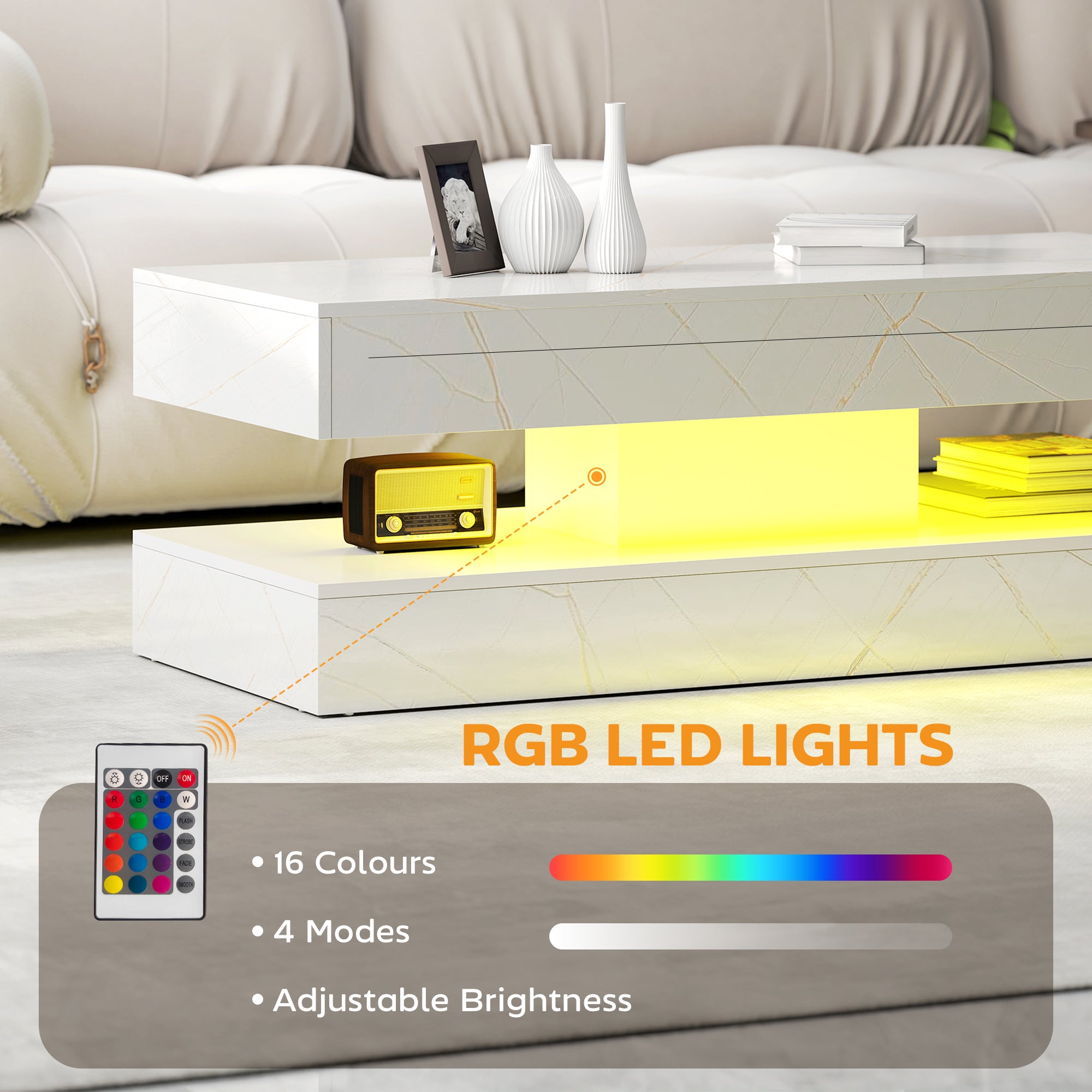Coffee Table with Adjustable LED Lights, Center Table with 2 Drawers, Open Shelf, Remote, High Gloss Marble-Effect White