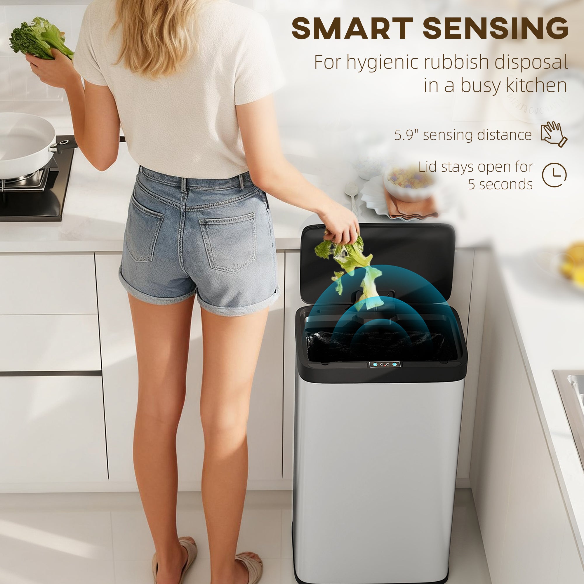 12 Gallon (45 L) Sensor Can, Automatic Garbage Can with Soft-Close Lid, Fingerprint-Proof Stainless Steel, Silver