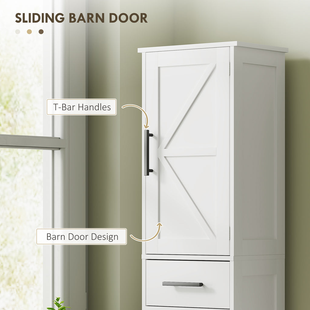 67" Tall Bathroom Cabinet, Narrow Bathroom Storage Cabinet with Drawer, Barn Doors and Adjustable Shelves, White