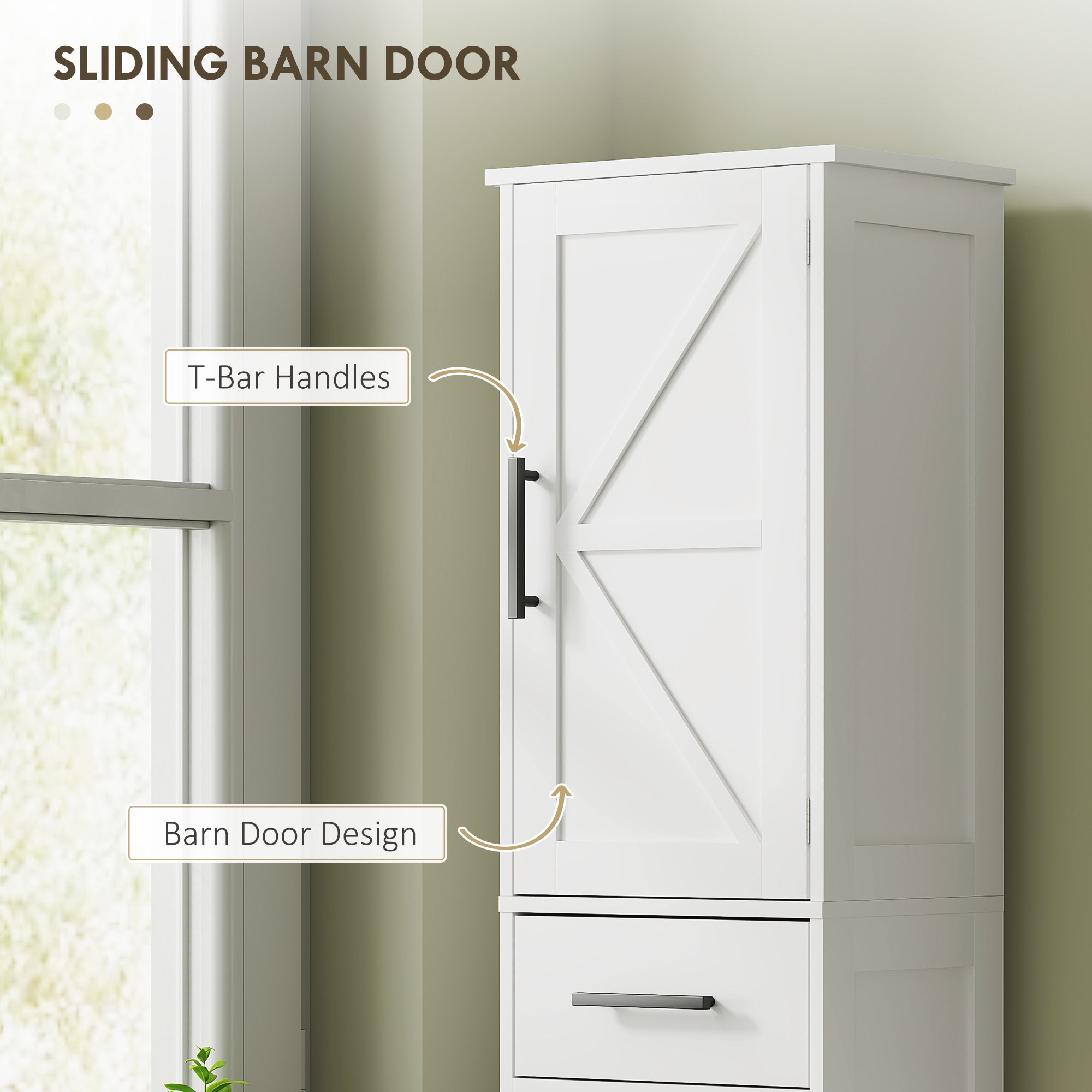 67" Tall Bathroom Cabinet, Narrow Bathroom Storage Cabinet with Drawer, Barn Doors and Adjustable Shelves, White