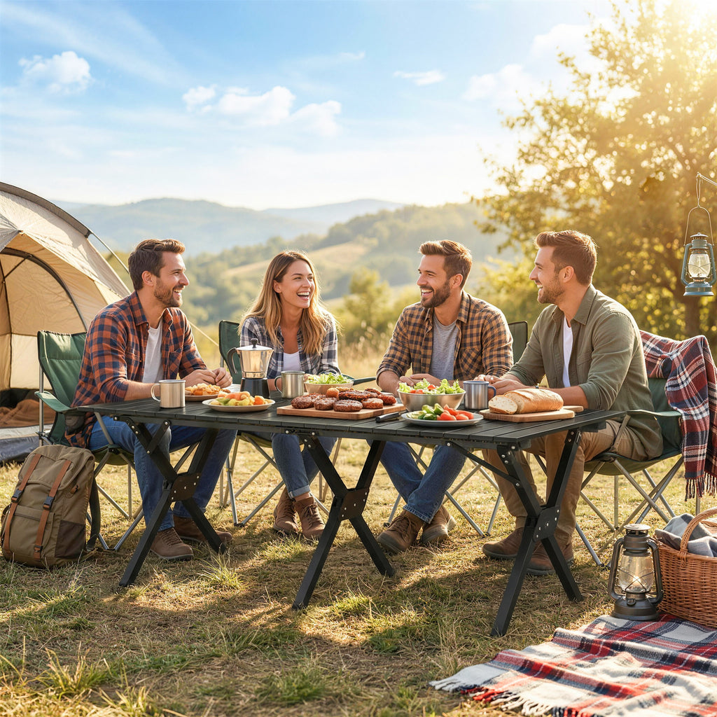 4ft Folding Camping Table, Waterproof Picnic Table with Roll Up Top, Carry Bag and Metal Frame, Black