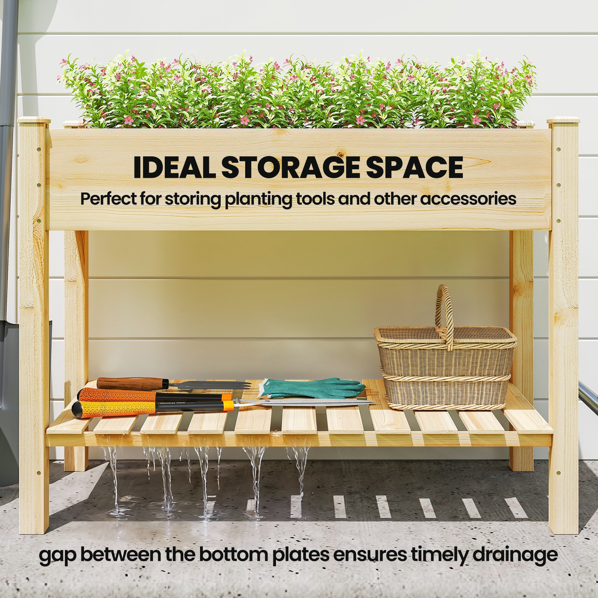Elevated Planter Box with Legs and Storage Shelf, Raised Garden Bed, Elevated Wooden Planter Box, Natural