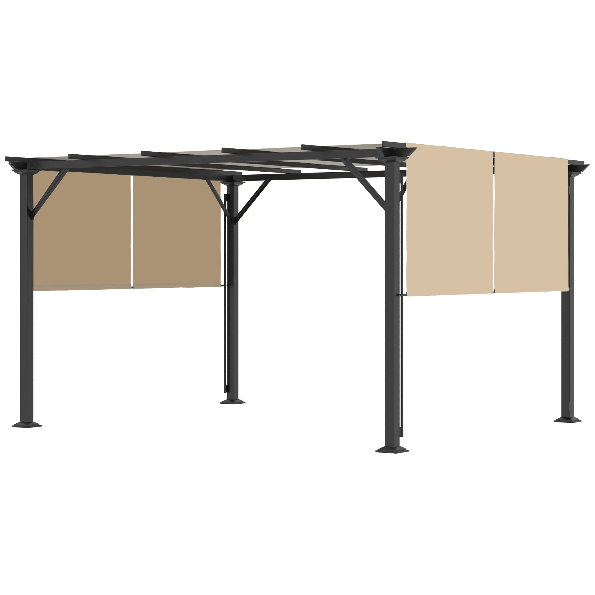 12' x 10' Outdoor Patio Gazebo Pergola with Retractable Canopy Roof, Steel Frame with Stakes, Unique Design, Beige