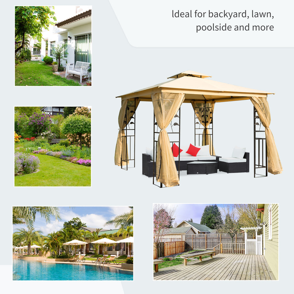 10'x10' Soft-top Steel Patio Gazebo Outdoor Sun Shelter with 2-Tier Polyester Roof, Curtain Sidewalls, Beige