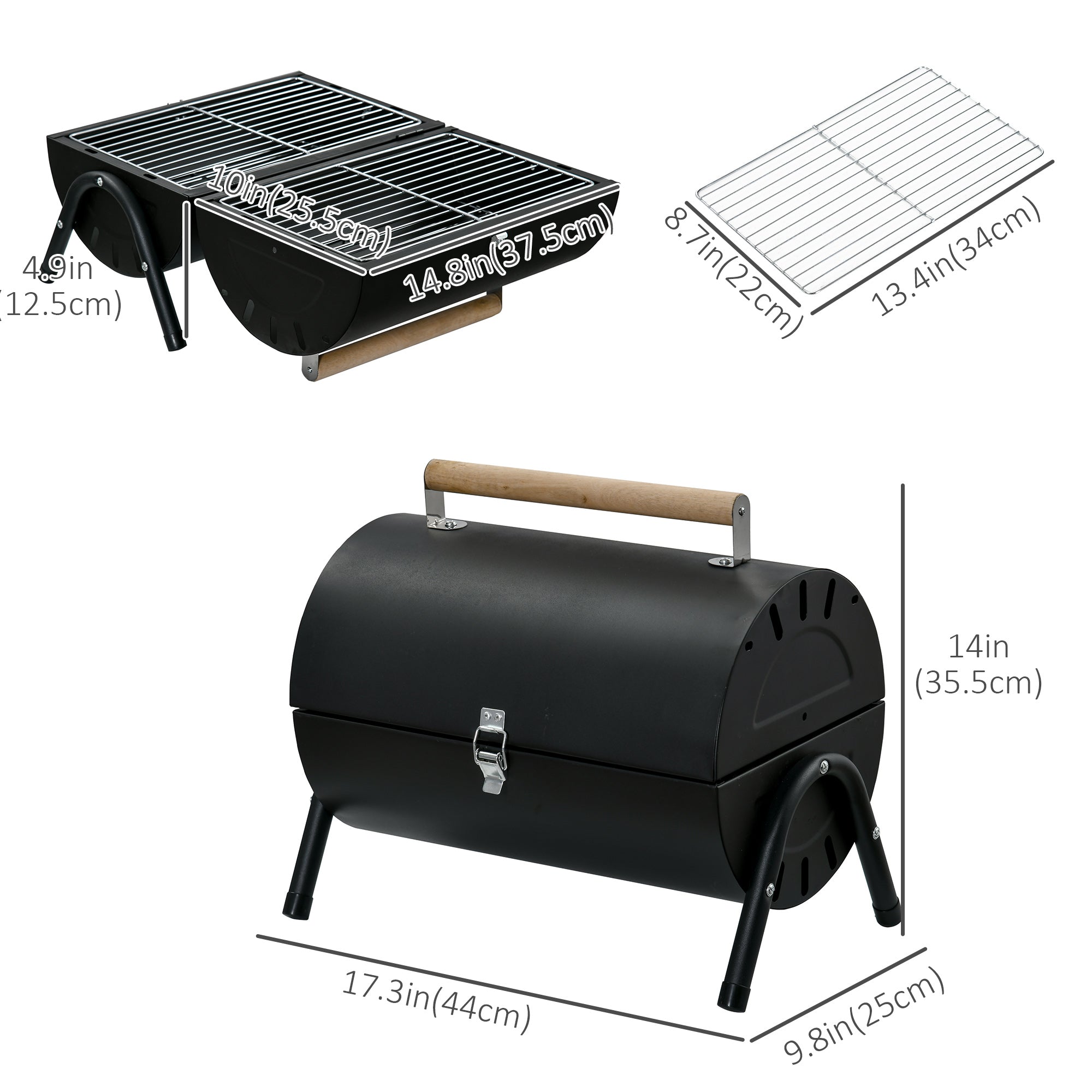Outdoor Charcoal BBQ Grill, Tabletop Folding Barbecue Grill with Handle, 17.3" x 9.8" x 14", Black