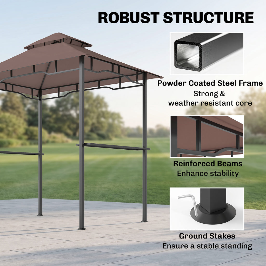 8' x 5' BBQ Grill Gazebo Tent with Double Tiered Canopy for Outdoor Sun Shade, Coffee