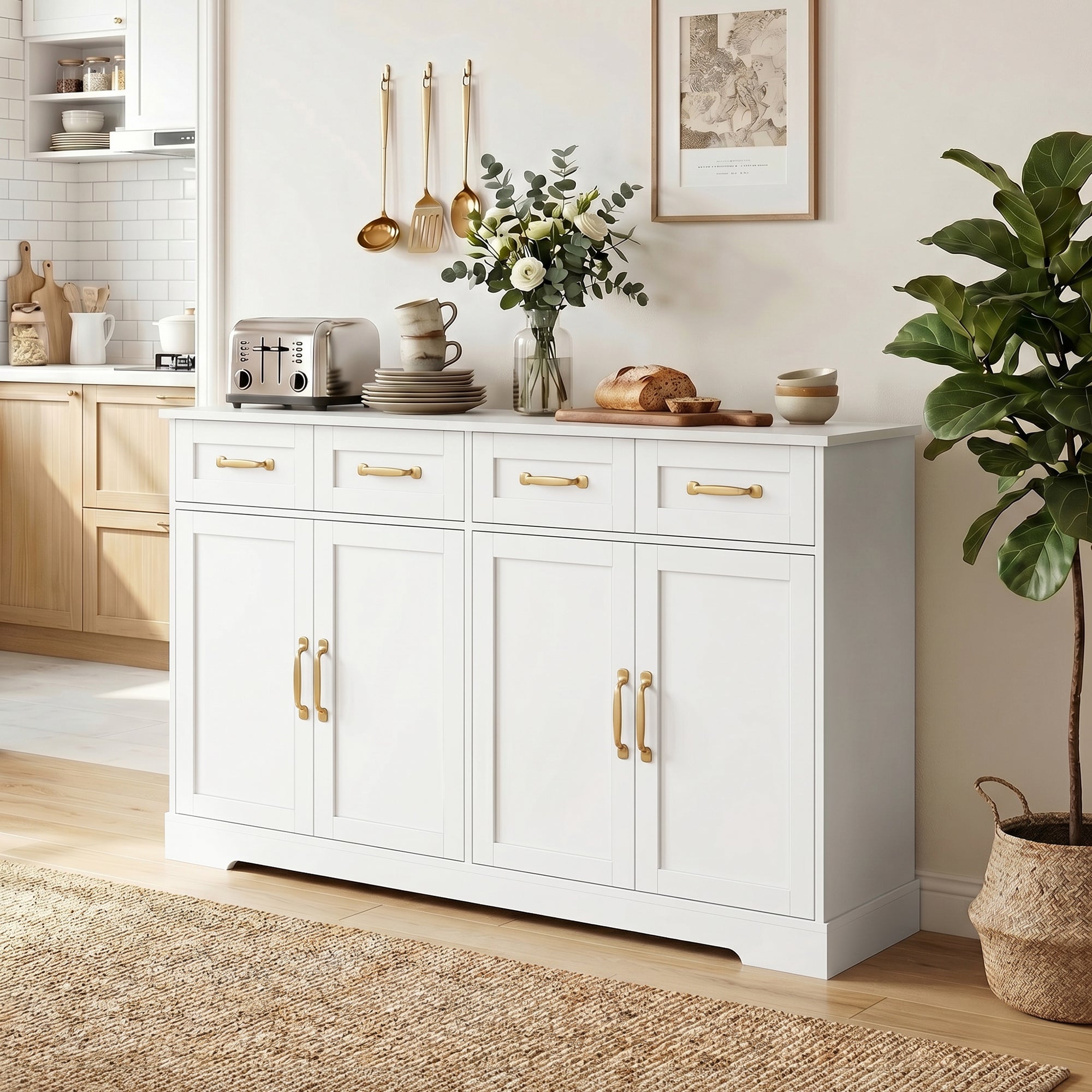 Sideboard Buffet Cabinet, 55" Modern Farmhouse Kitchen Storage Cabinet with 4 Drawers, 4 Doors and 2 Adjustable Shelves