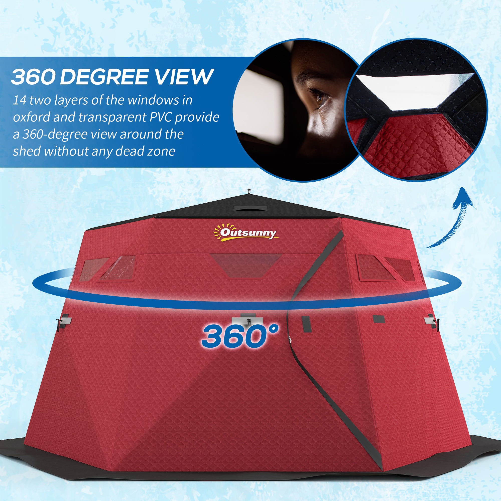 4 Person Insulated Ice Fishing Shelter, Pop-Up Portable Ice Fishing Tent with Carry Bag and Two Doors for -22â„‰, Red