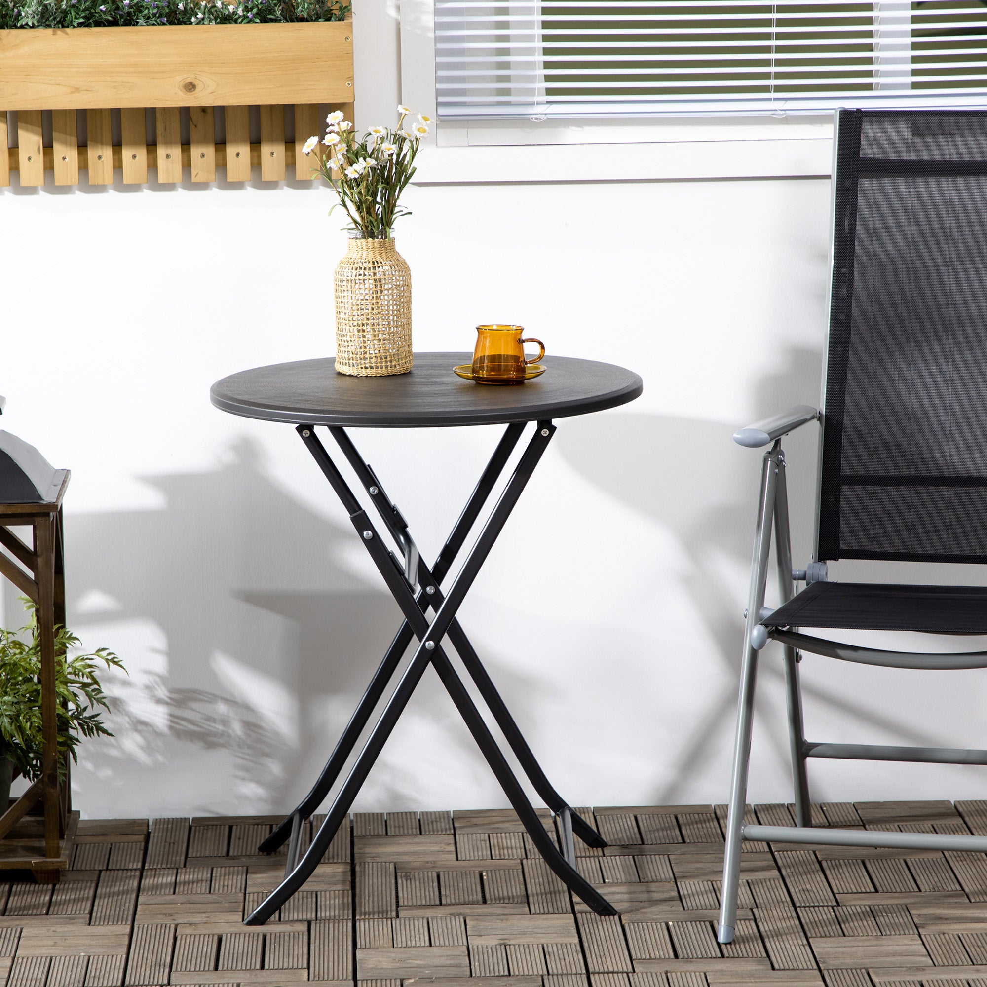 Folding Outdoor Coffee Table, 23.6" Round Patio Table with Wood-Effect HDPE Top for Balcony, Garden, Backyard, Dark Grey