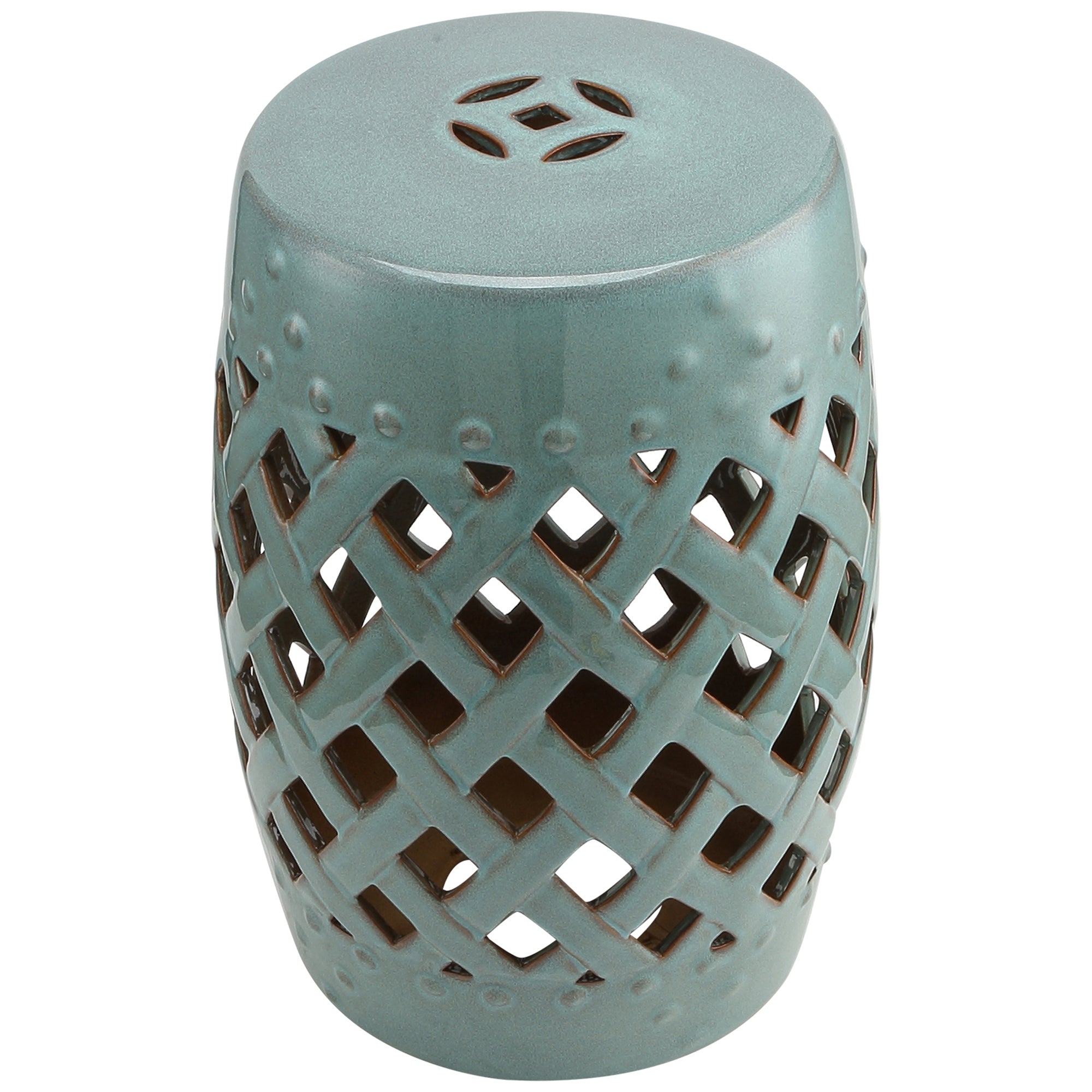 12.4" x 17.9" Ceramic Garden Stool with Woven Lattice Design, Indoor & Outdoor Decorative Accent Stool, Blue
