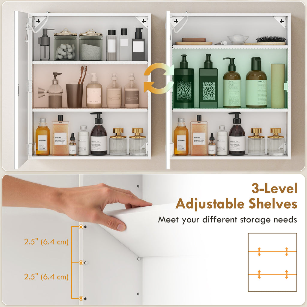 Bathroom Medicine Cabinet with Lights, Wall Mounted Mirror Cabinet with Demister Pad, Adjustable Shelves, White