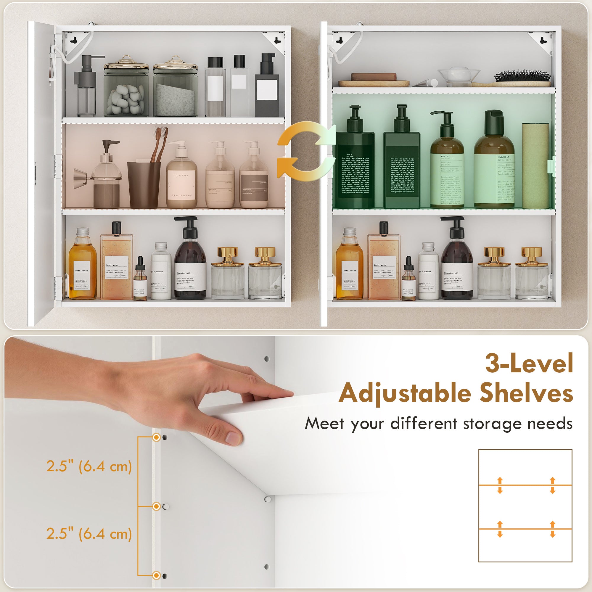 Bathroom Medicine Cabinet with Lights, Wall Mounted Mirror Cabinet with Demister Pad, Adjustable Shelves, White