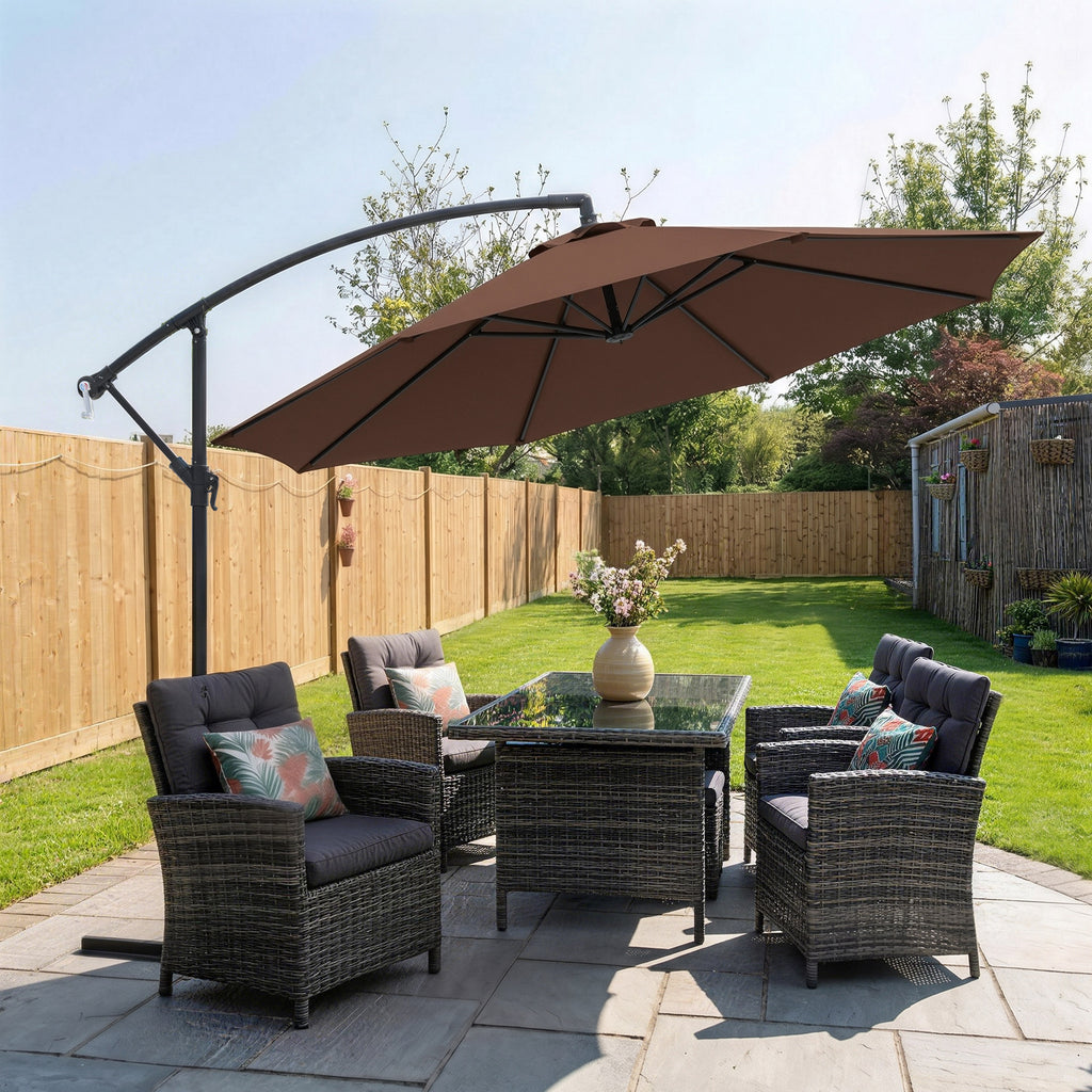 10' Deluxe Patio Umbrella, Outdoor Market Parasol, Banana Hanging Offset Sunshade with Crank, Cross Base, Coffee