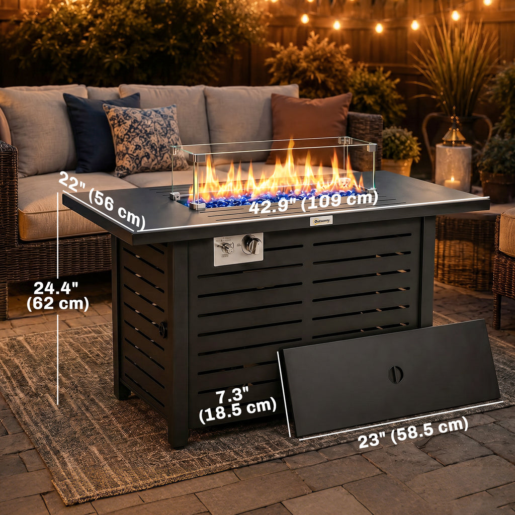 Propane Gas Fire Pit Table, Outdoor Firepit with 43" Steel Tabletop and Lid, 50,000 BTU Pulse Ignition Fire Table w/ Stainless Steel Burner, Glass Wind Guard, and Cover