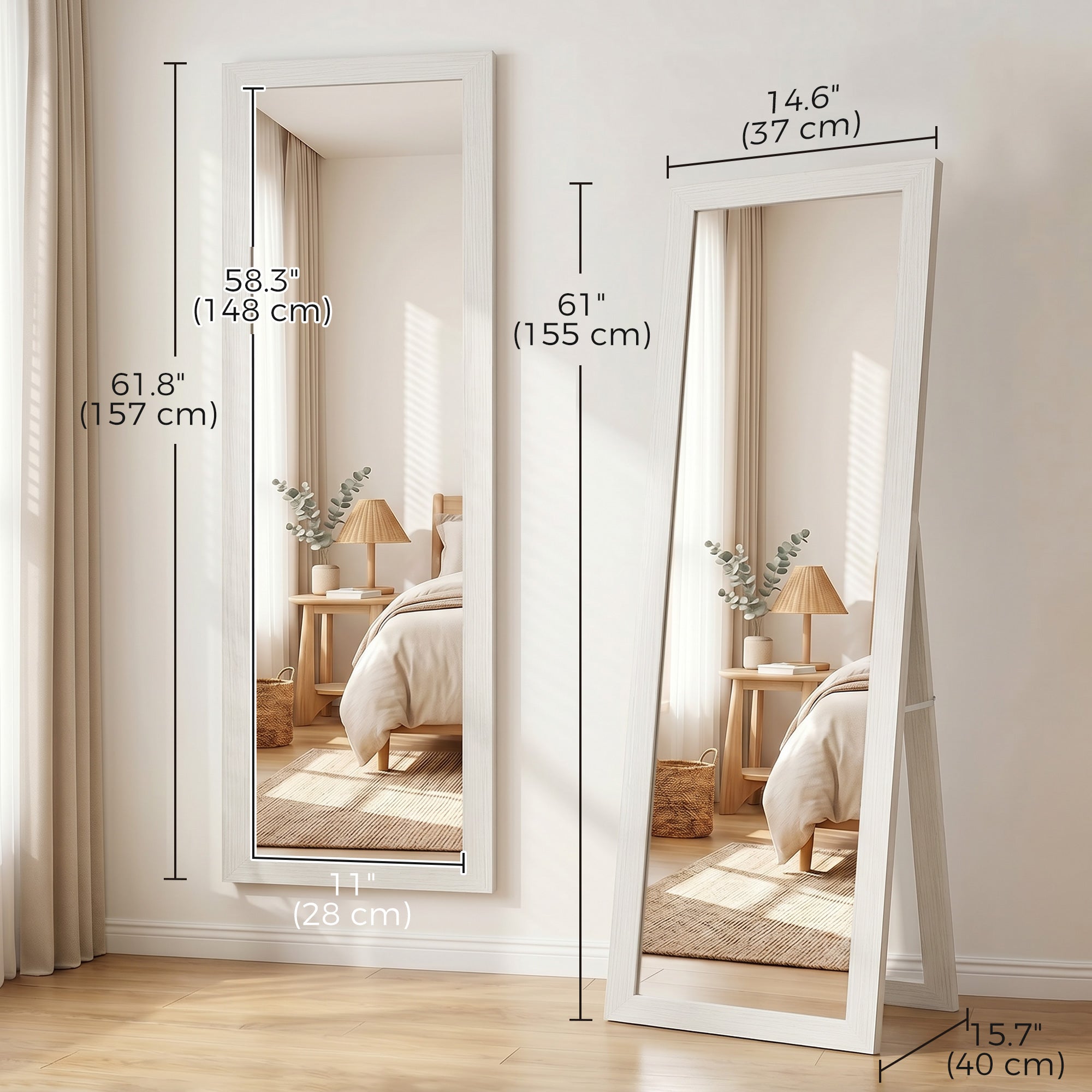 15" x 62" Full Length Mirror for Bedroom, Free Standing Dressing Mirror, Wall Mirror for Living Room, White