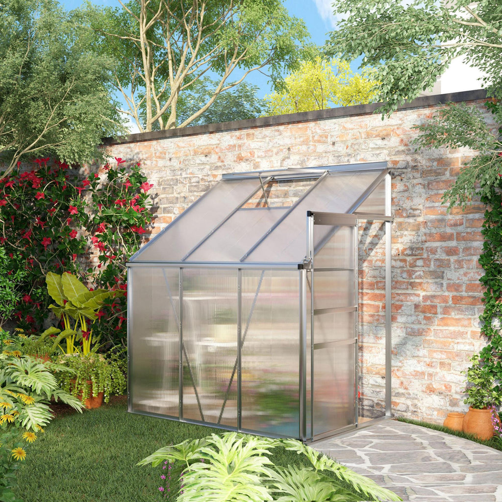 6' x 4' Aluminum Lean-to Greenhouse Polycarbonate Walk-in Garden Greenhouse with Adjustable Roof Vent, Rain Gutter and Sliding Door for Winter, Clear
