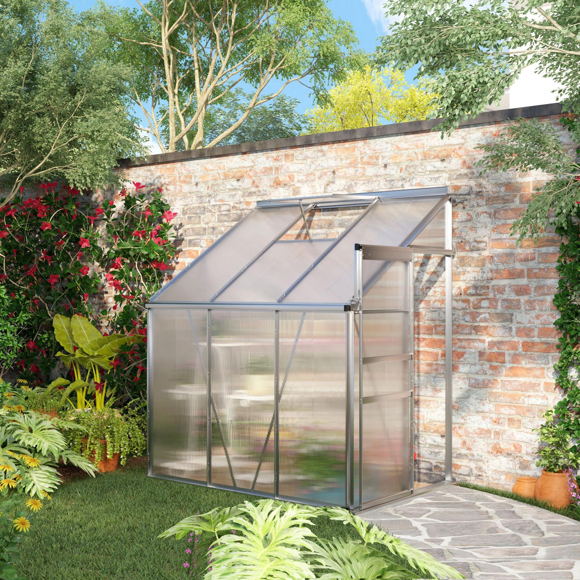 6' x 4' Aluminum Lean-to Greenhouse Polycarbonate Walk-in Garden Greenhouse with Adjustable Roof Vent, Rain Gutter and Sliding Door for Winter, Clear