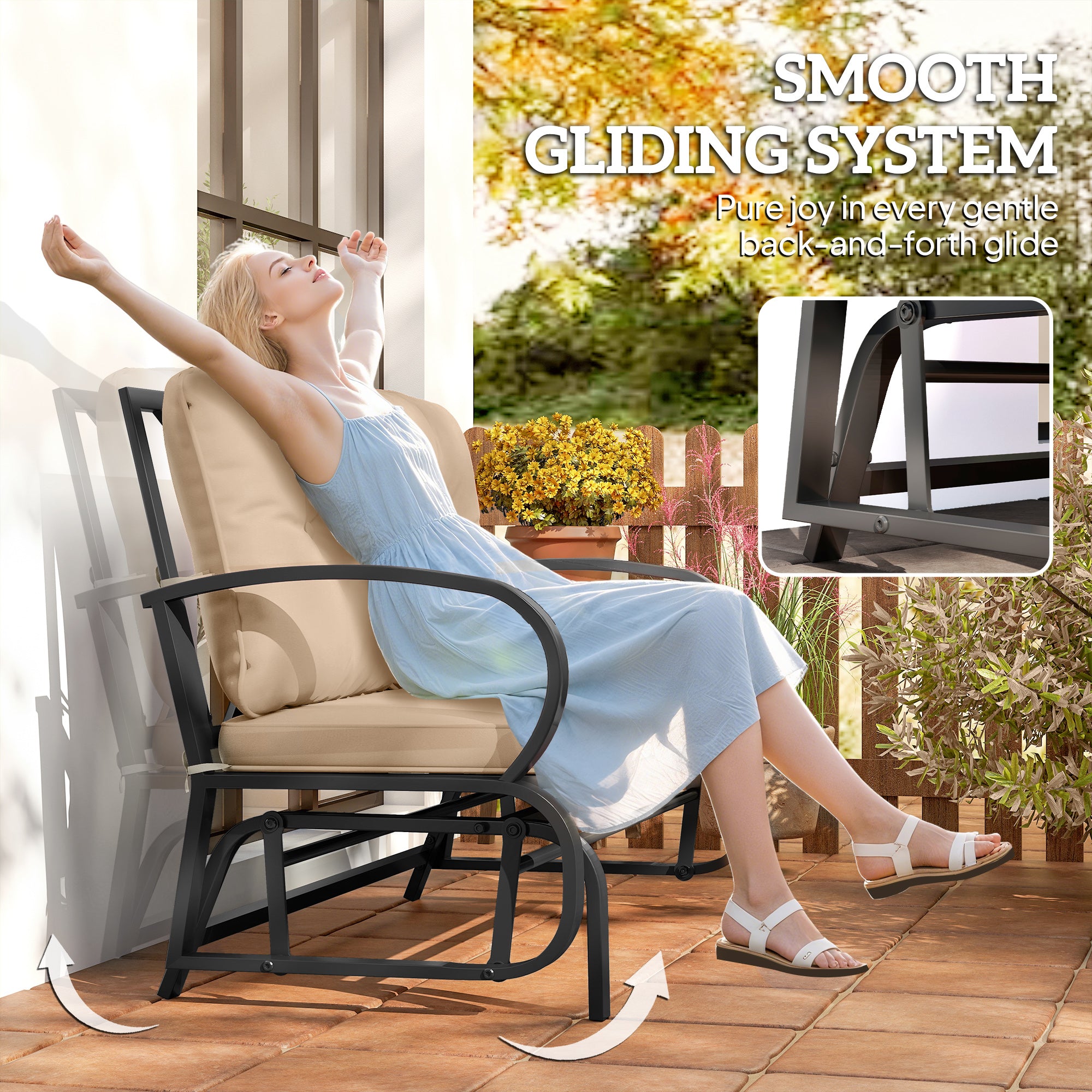 2-Person Outdoor Glider Chair, Patio Double Rocking Loveseat with Steel Frame and Cushions for Backyard, Garden and Porch, Khaki