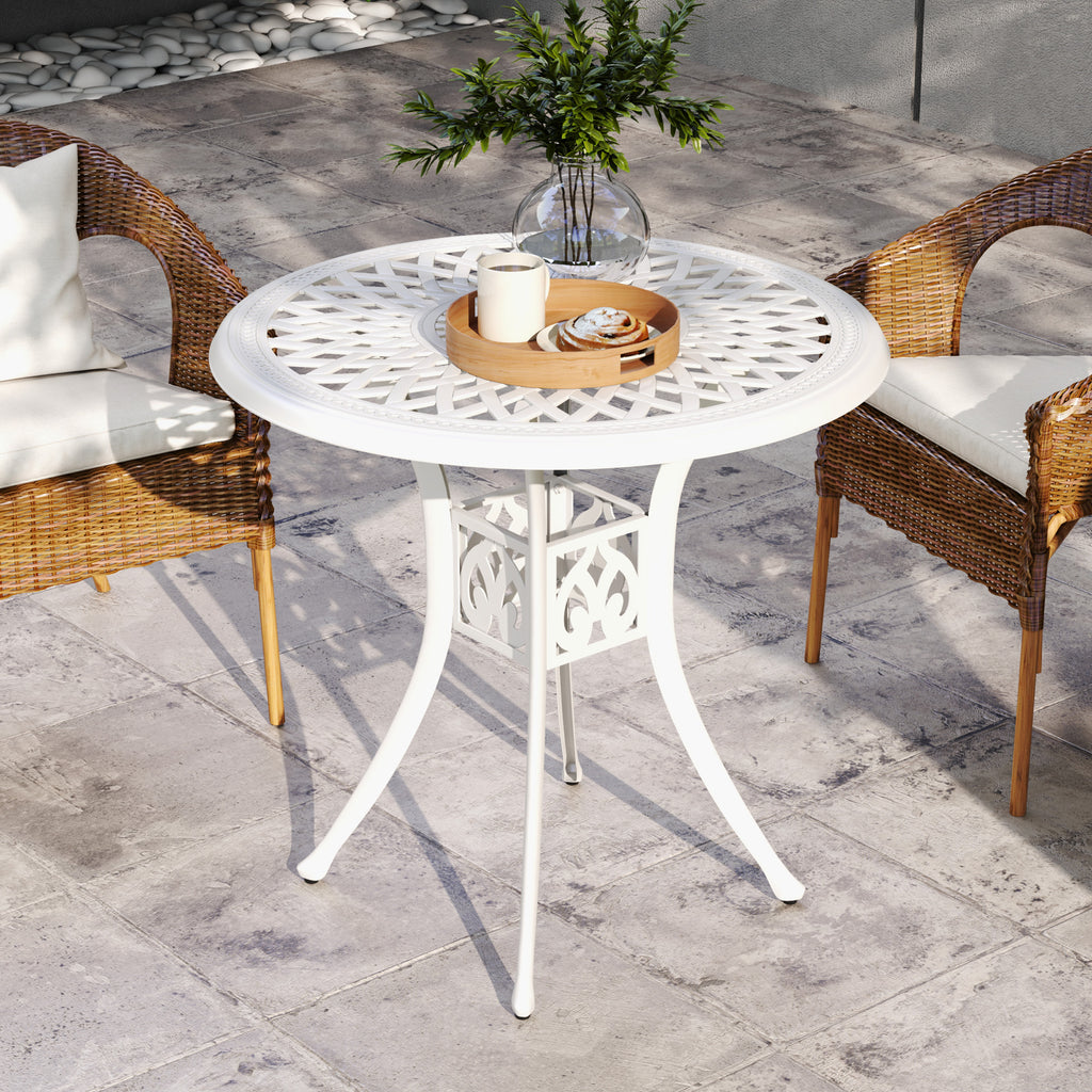 30-inch Round Patio Dining Table with Umbrella Hole Cast Aluminium Outdoor Bistro Table, White