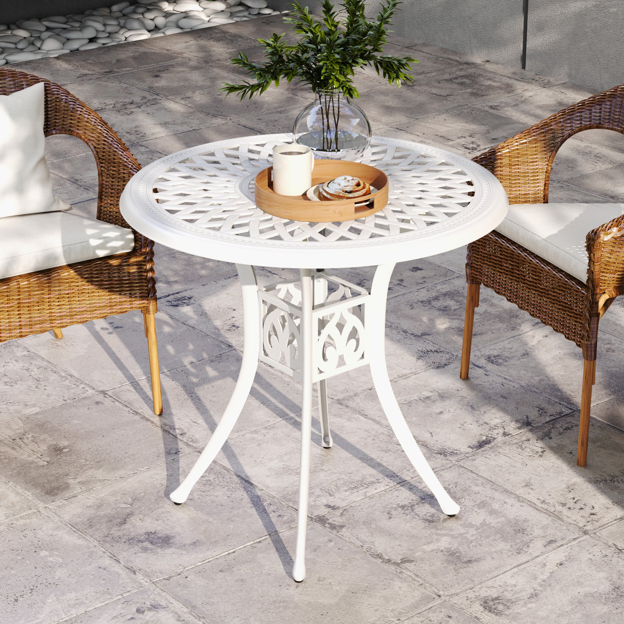 30-inch Round Patio Dining Table with Umbrella Hole Cast Aluminium Outdoor Bistro Table, White