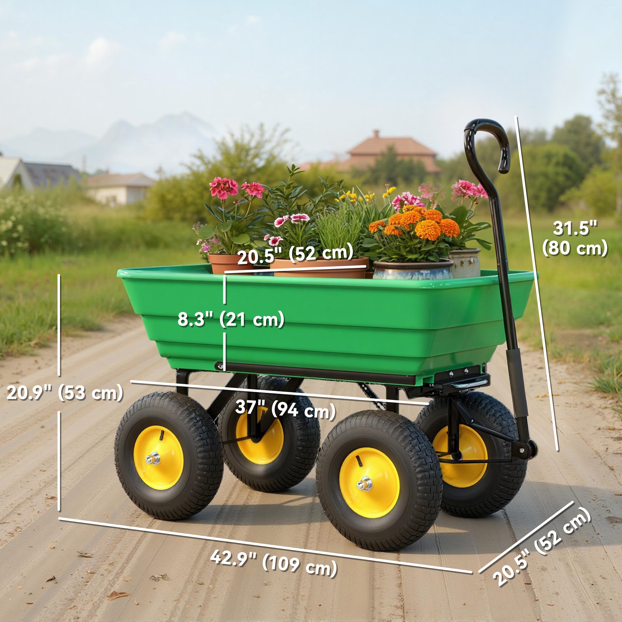 Garden Dump Cart Heavy Duty 440lbs Wagon with Steel Frame and 10'' Pneumatic Tires, Green