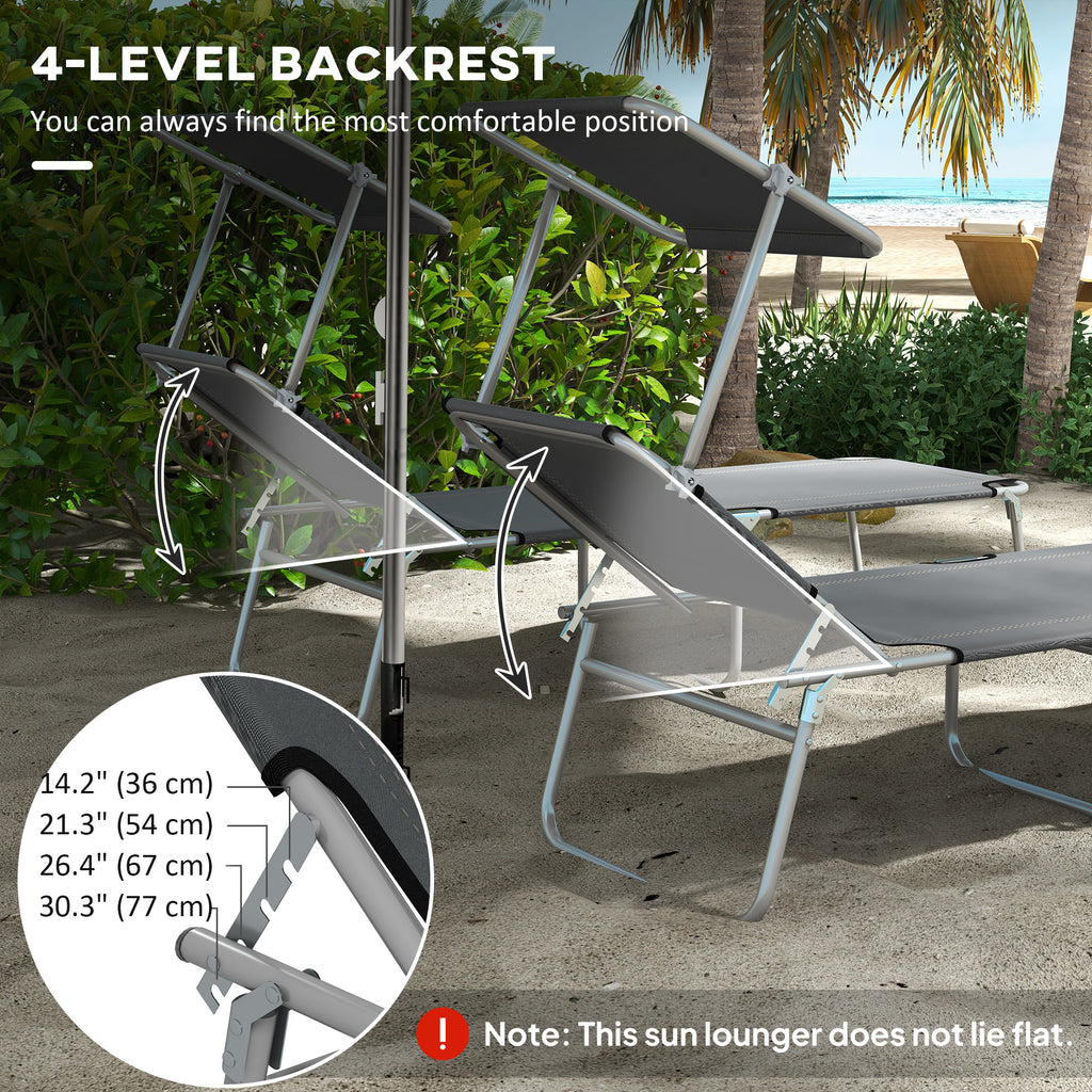 2Pcs Outdoor Lounge Chair, Adjustable Folding Chaise Lounge with Sun Shade for Beach, Camping, Hiking, Grey