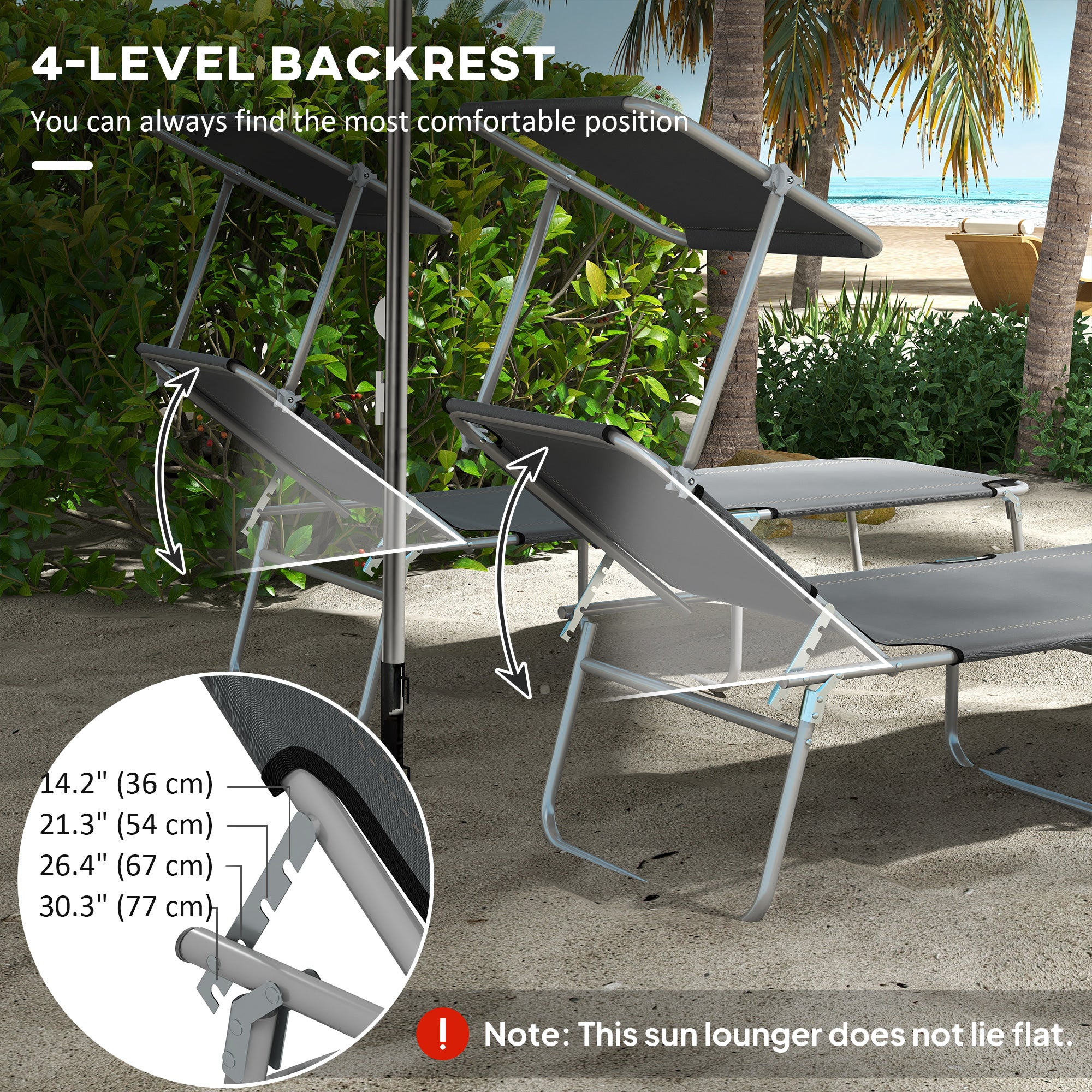2Pcs Outdoor Lounge Chair, Adjustable Folding Chaise Lounge with Sun Shade for Beach, Camping, Hiking, Grey